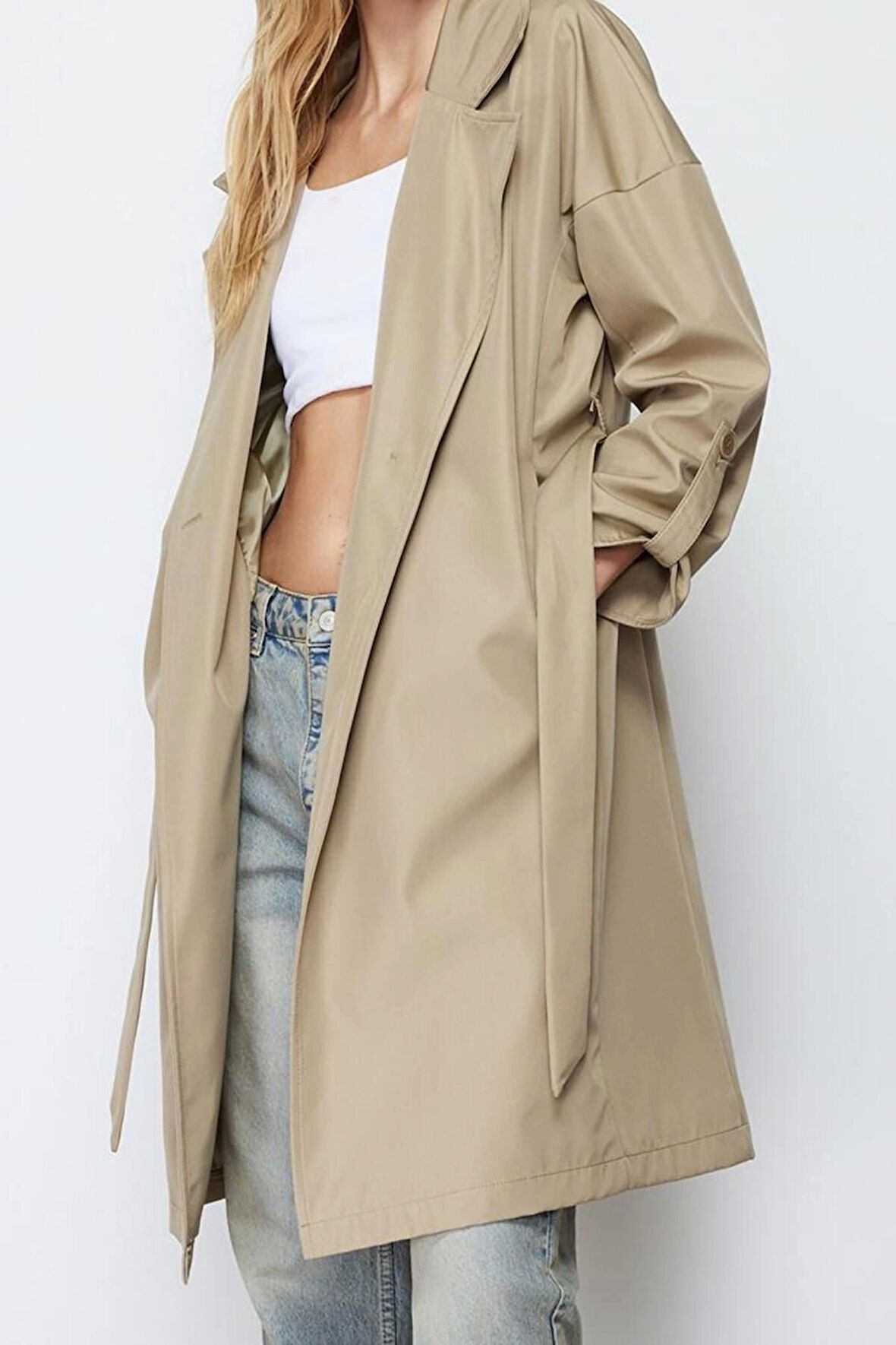 Tasarım Düz Astarlı Yaka Midi Oversize Ceket Kadın Oversize Kuşaklı Su İtici Uzun Trençkot
