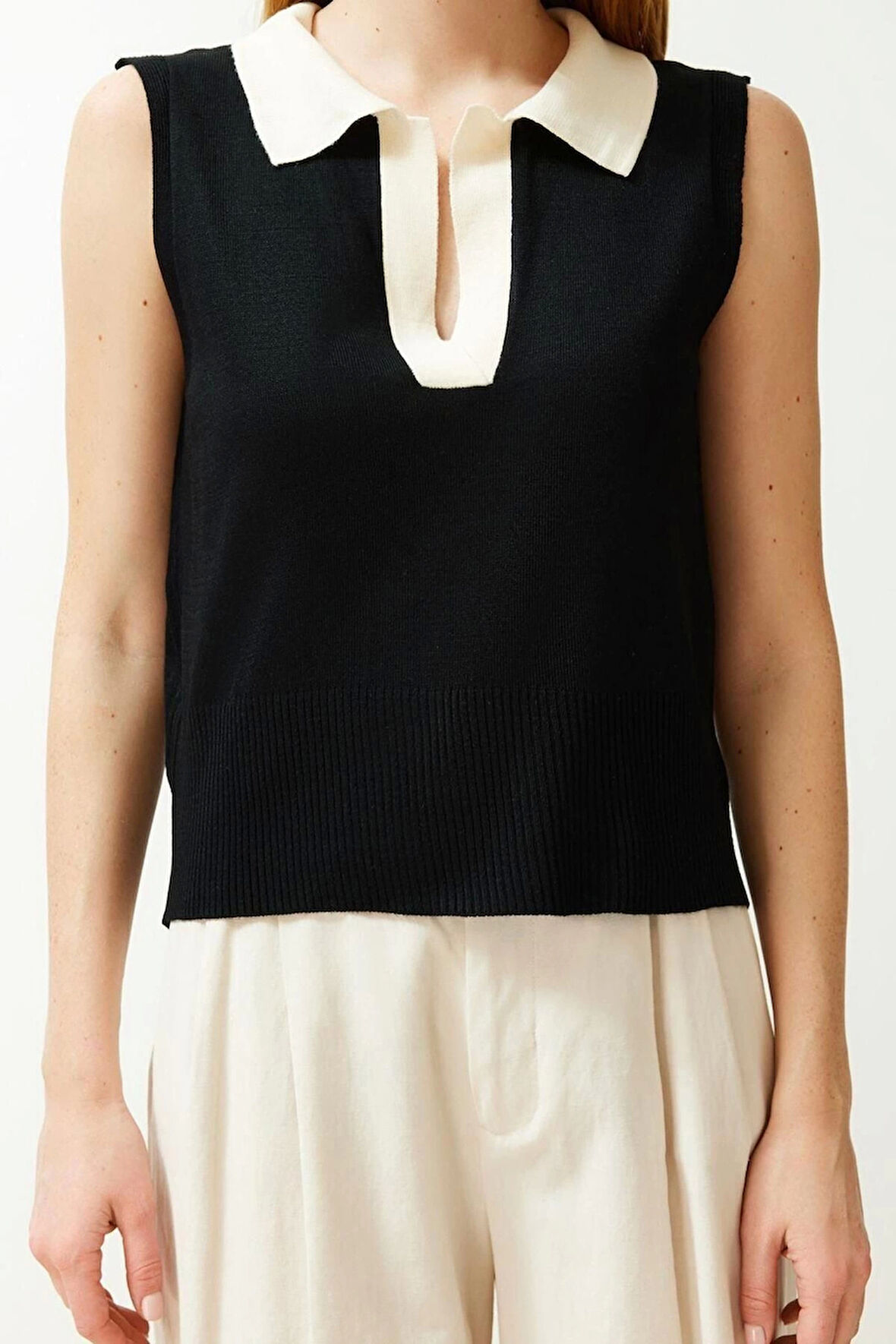 Moda Polo Yaka Triko Regular Renk Bloklu Desen Casual Günlük Regular Kolsuz Bluz