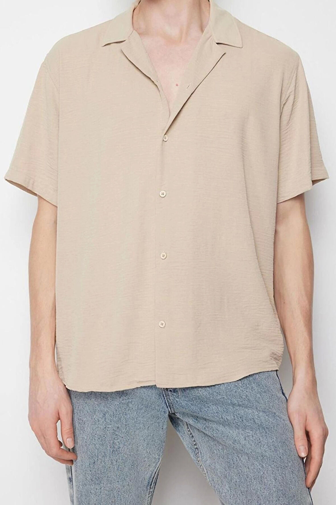 Moda Erkek Apaş Yaka Düz Desen Günlük Oversize Fit Yazlık Kısa Kollu Keten Görünümlü Gömlek Gömlek