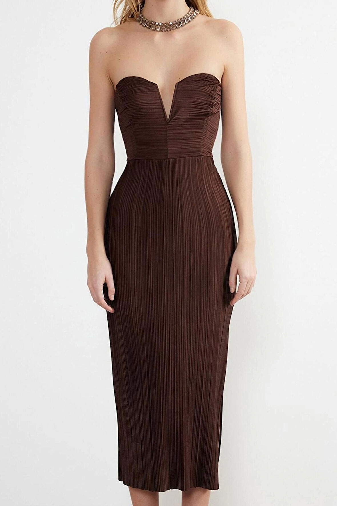 Moda Fit Mezuniyet Balo Pilise Örme Straplez Kolsuz Kol Bodycone Midi Boy Elbise