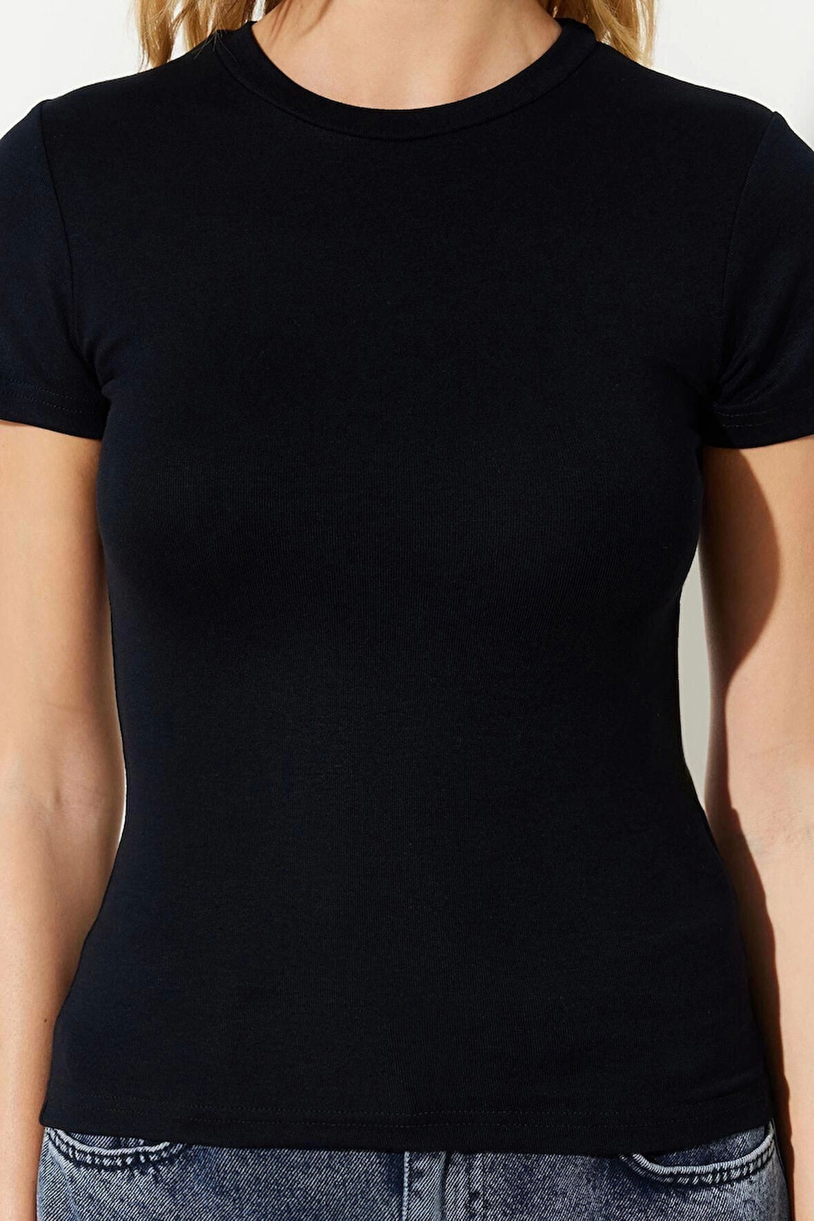 Moda Bisiklet Yaka Örme Slim Çizgili Desen Casual Günlük Regular Kısa Kol Bluz