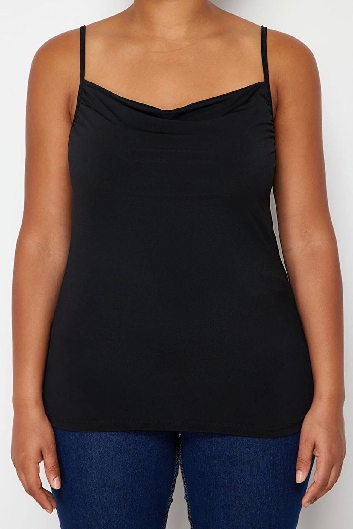 Moda Büyük Beden Degaje Yaka Örme Fit Düz Desen Casual Günlük Regular Askılı Kol Bluz