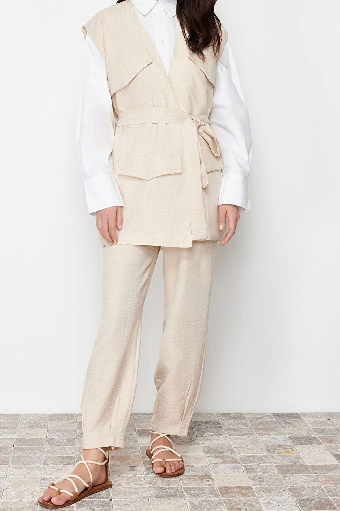 Moda Dokuma Düz Düşük Kol Casual Günlük Taş Keten Görünümlü Yelek Pantolon Dokuma Alt Üst Takım