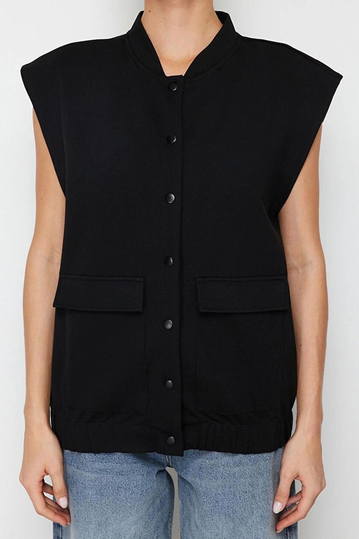 Moda Düğmeli Yaka Örme Regular Düz Desen Casual Günlük Regular Kolsuz Bluz