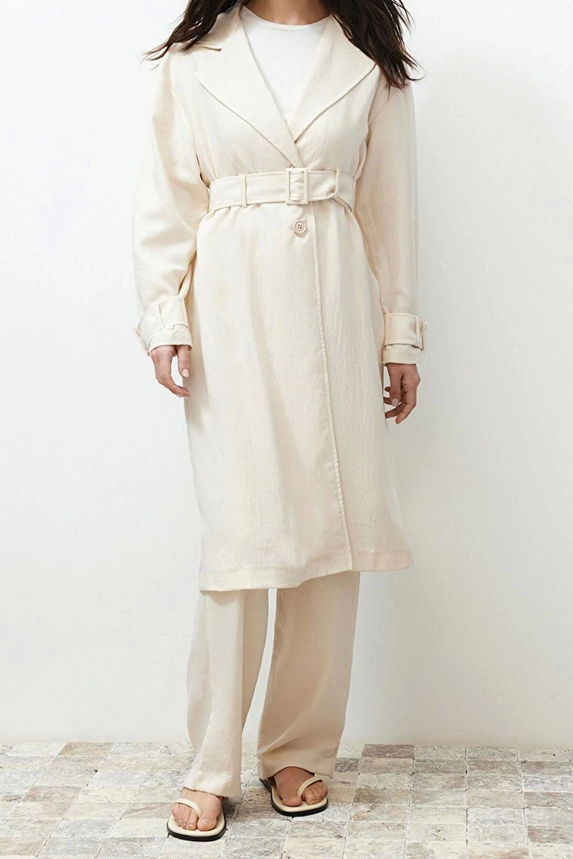Moda Ceket Yaka Düşük Kol Casual Günlük Taş Trenç Detaylı Kimono Pantolon Dokuma Alt Üst Takım
