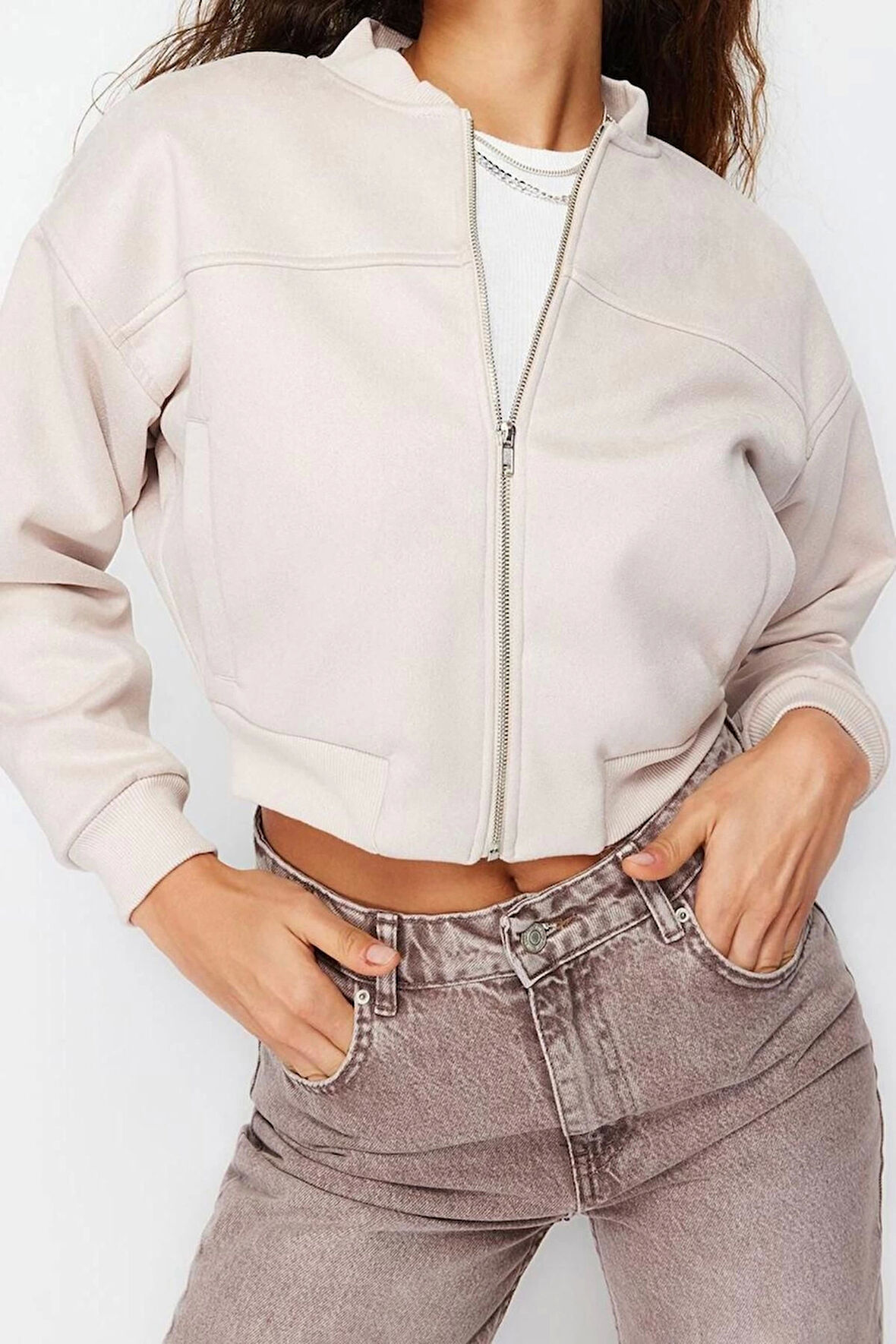 Tasarım Düz Astarlı Yaka Crop Bol Hakim Kadın Oversize Süet Bomber Ceket Mont