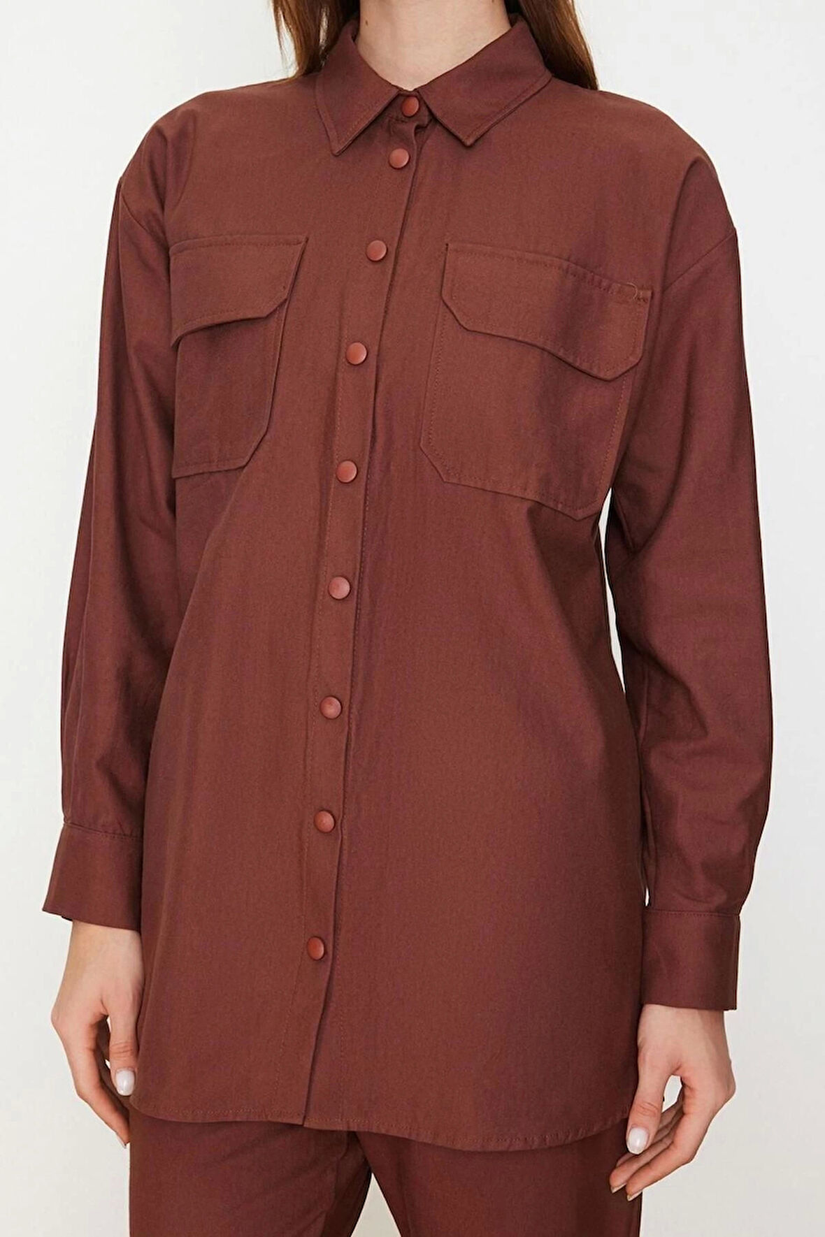 Moda Gömlek Yaka Düşük Kol Casual Günlük Cep Detaylı Çıtçıt Kapama Gömlek-Pantolon Dokuma Takım