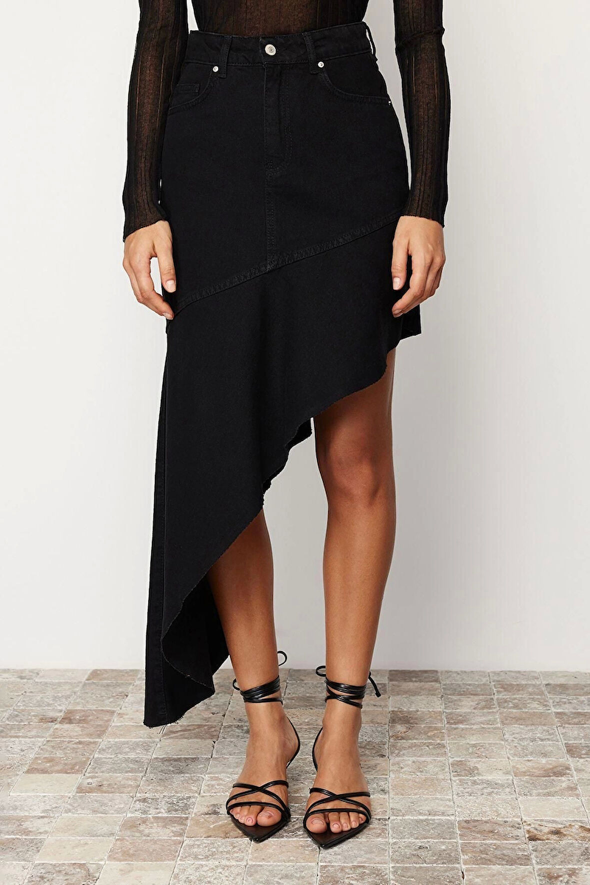 Moda Asimetrik Düz Desen Günlük Maxi Boy Asimetrik Yüksek Bel Maxi Denim Etek