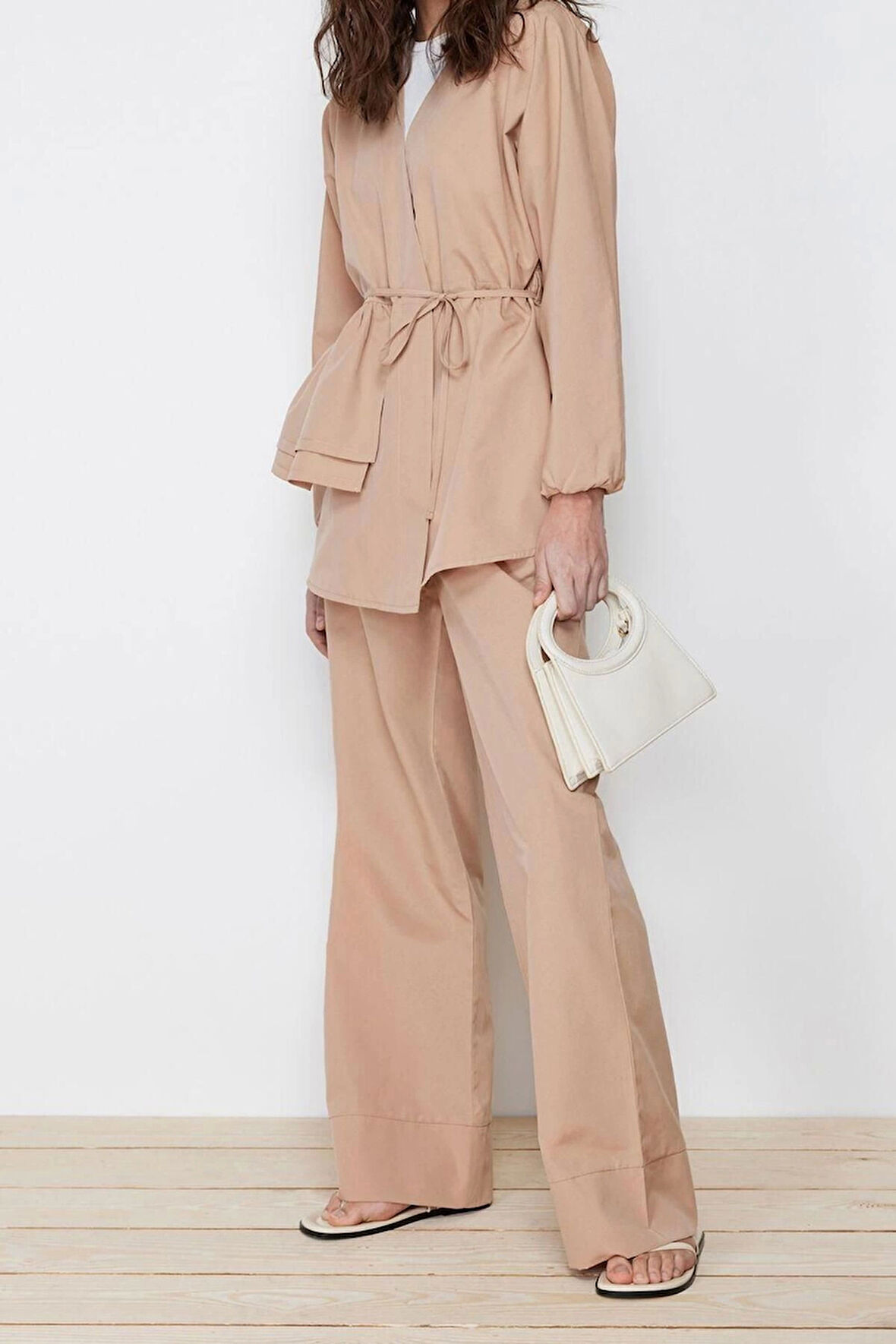 Moda Düz V Yaka Düşük Kol Casual Günlük Pamuklu Dokuma Kimono Pantolon Alt Üst Takım