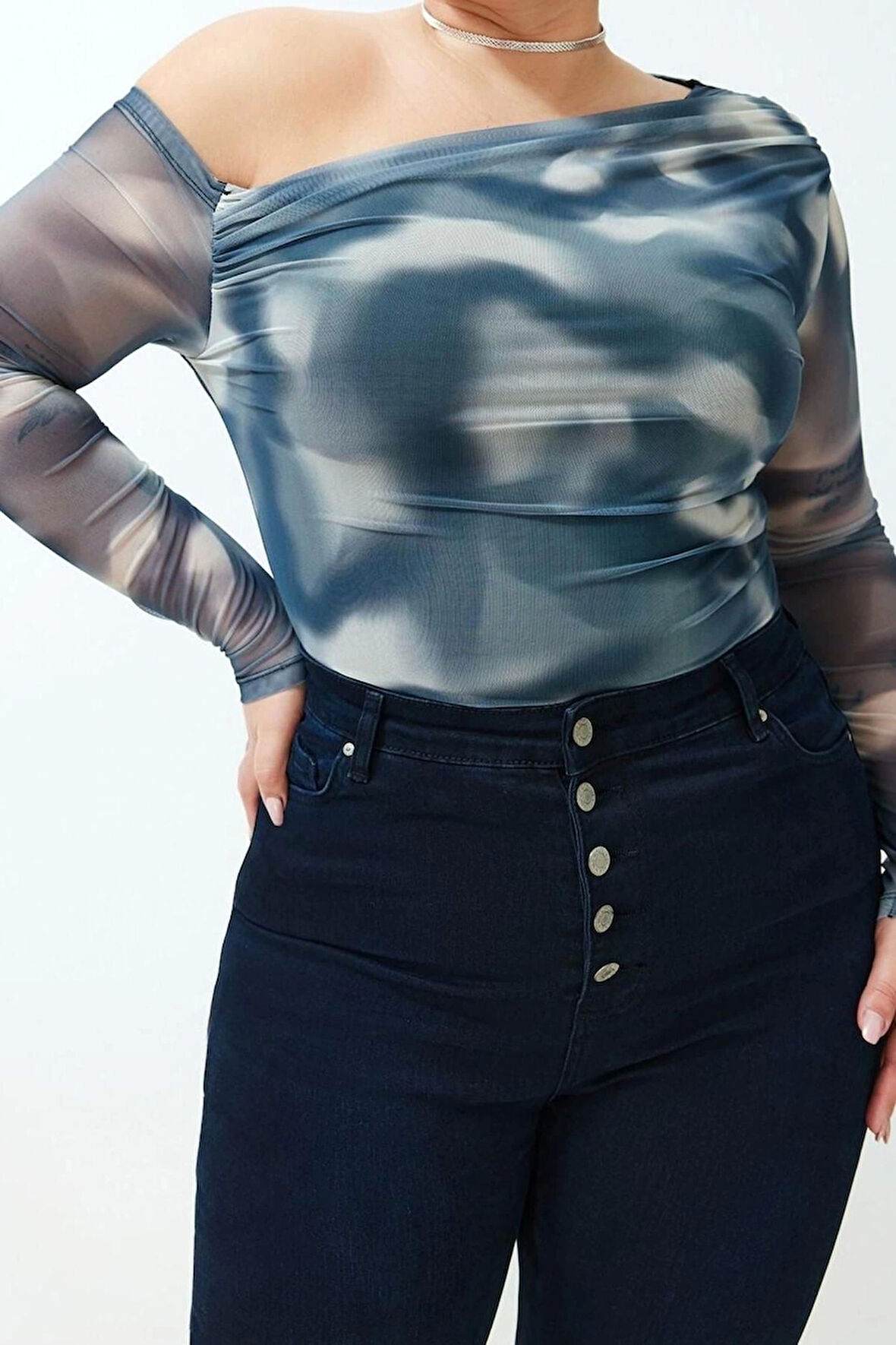 Stil Kadın Tül Astarlı Bluz Regular Örme Slim Kalıp Büyük Beden