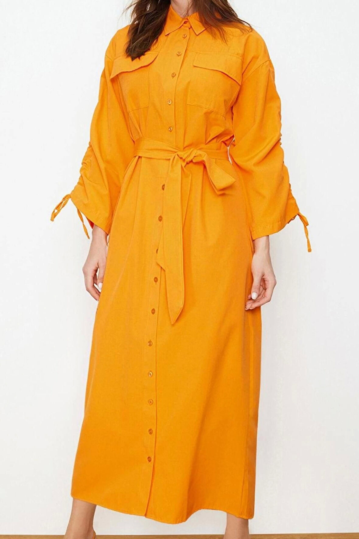 Moda Oversize Maxi Tesettür Kuşaklı Kolları Ayarlanabilir Detaylı Pamuklu Dokuma Gömlek Elbise