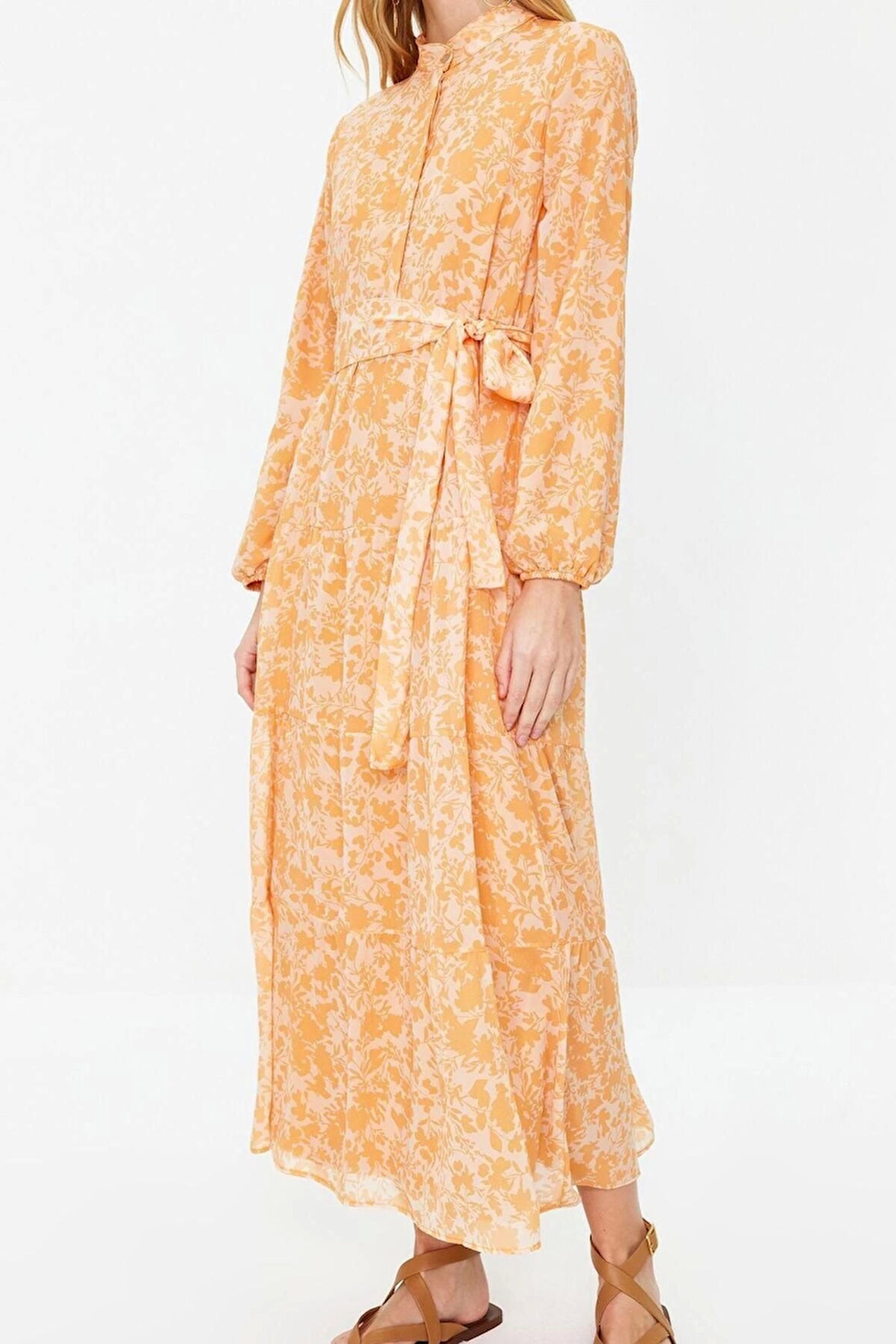 Moda Rahat Casual Günlük Şifon Dokuma Dik Yaka Uzun Kol Basic Maxi Boy Tesettür Elbise