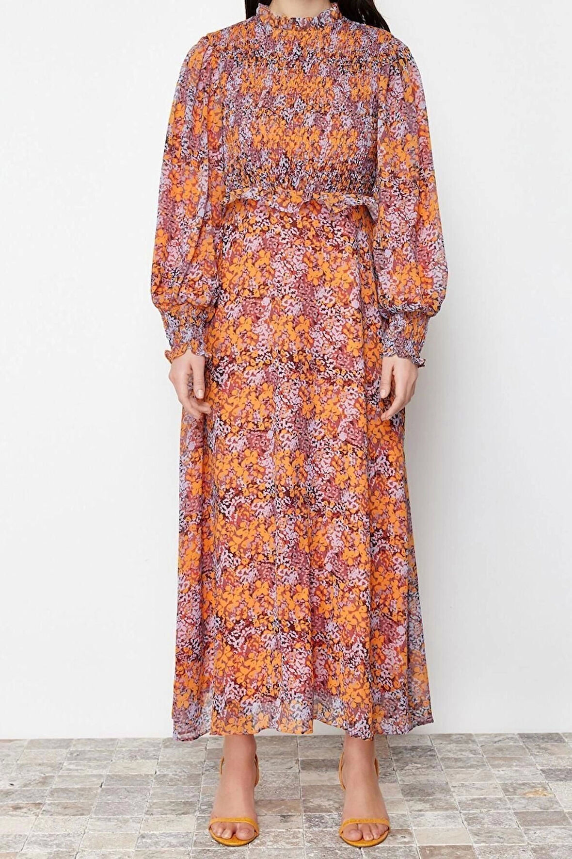 Moda Regular Casual Günlük Şifon Dokuma Dik Yaka Uzun Kol A-Line Maxi Boy Tesettür Elbise