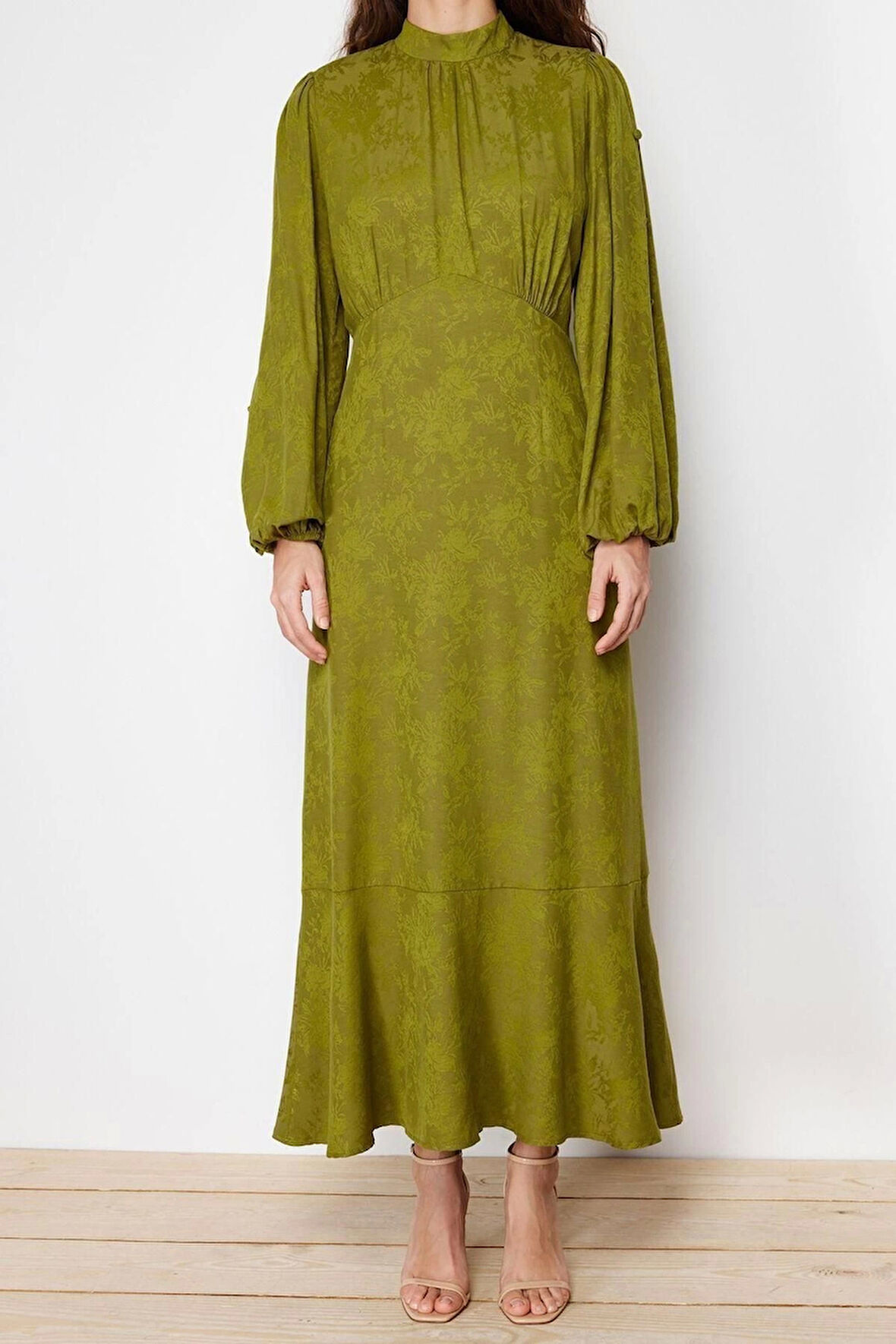 Moda Regular Casual Günlük Jakar Dokuma Bisiklet Yaka Uzun Kol A-Line Maxi Boy Tesettür Elbise