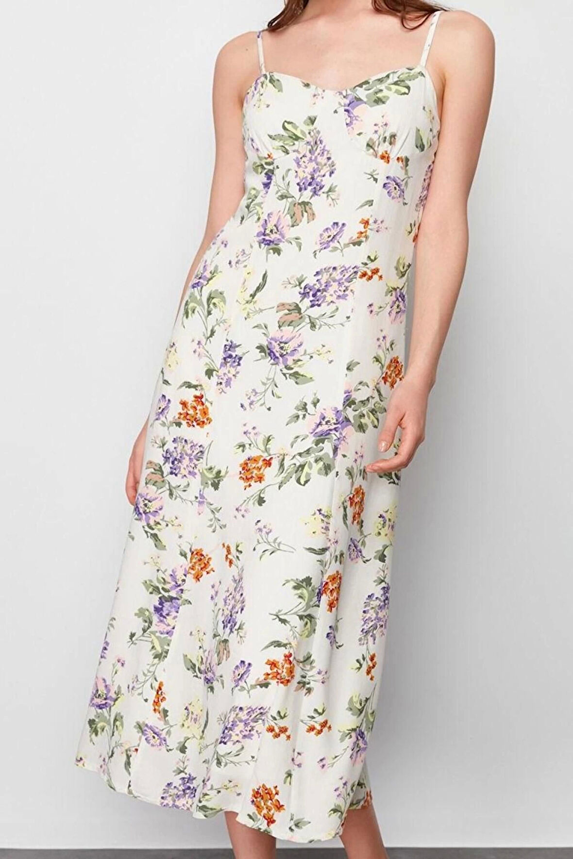 Moda Stil Regular V Yaka Midi Boy Çiçek Desenli Belden Açılan Dokuma Elbise