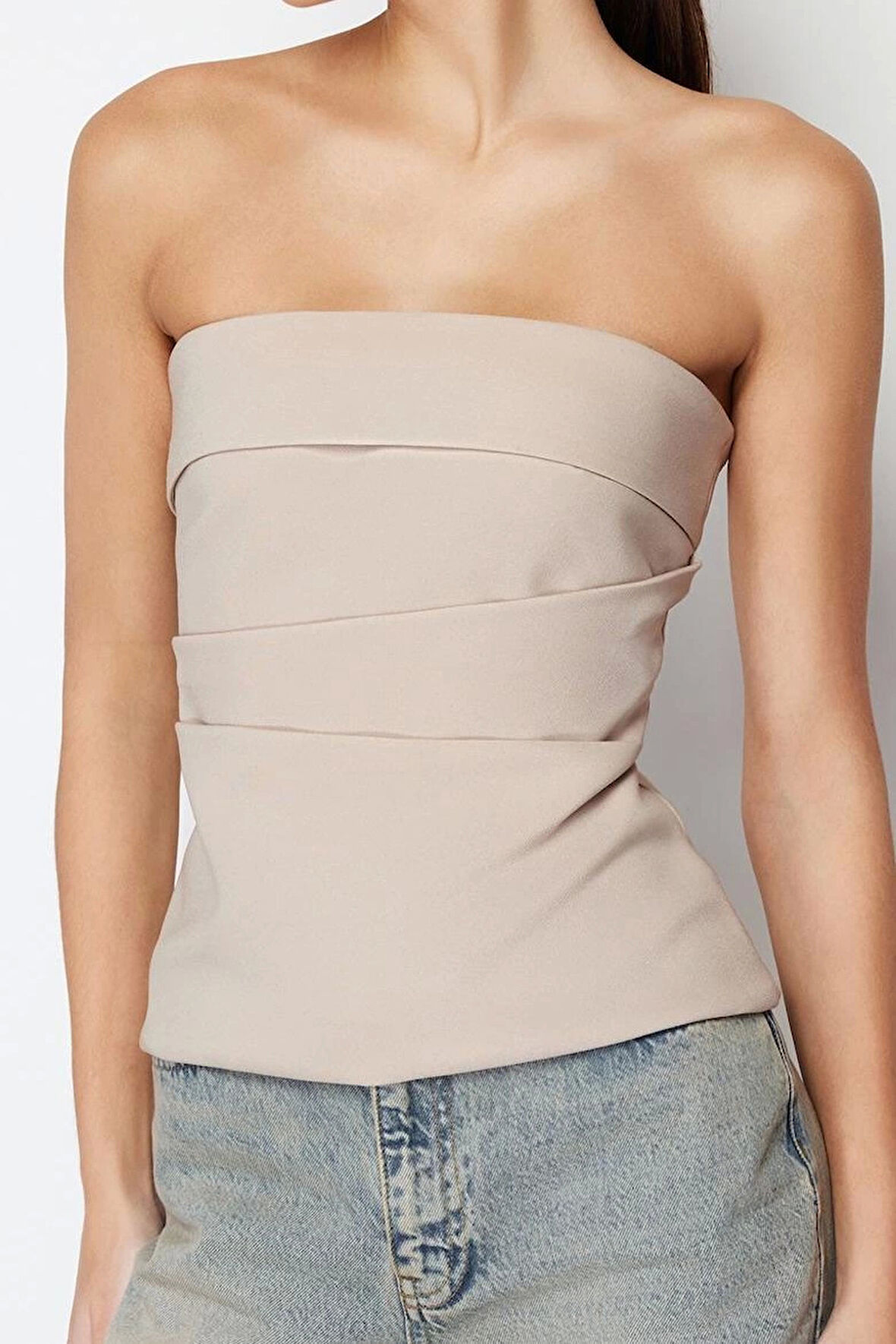 Moda Straplez Dokuma Slim Düz Desen Şık gece Regular Kolsuz Bluz