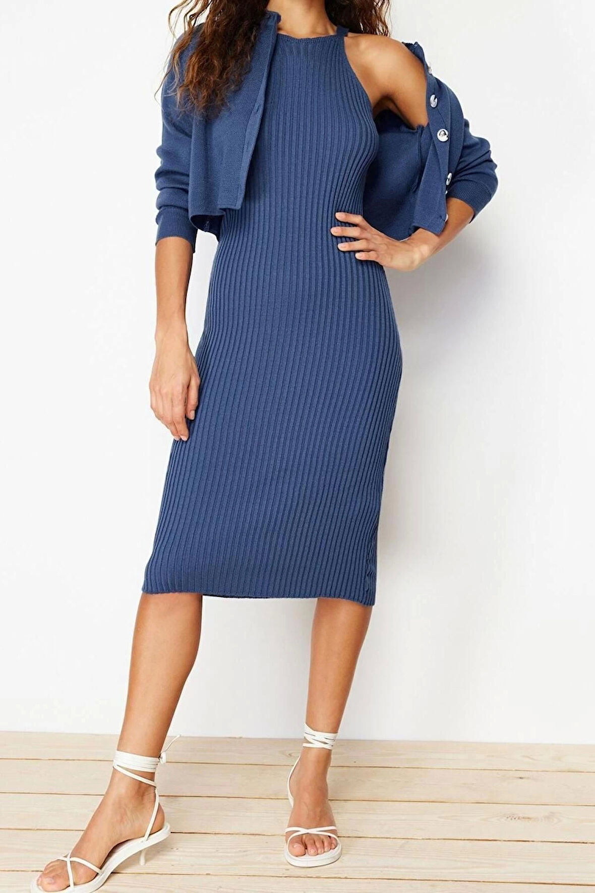 Moda Regular Casual Günlük Fitilli Triko Bisiklet Yaka Uzun Kol Bodycone Midi Boy Elbise