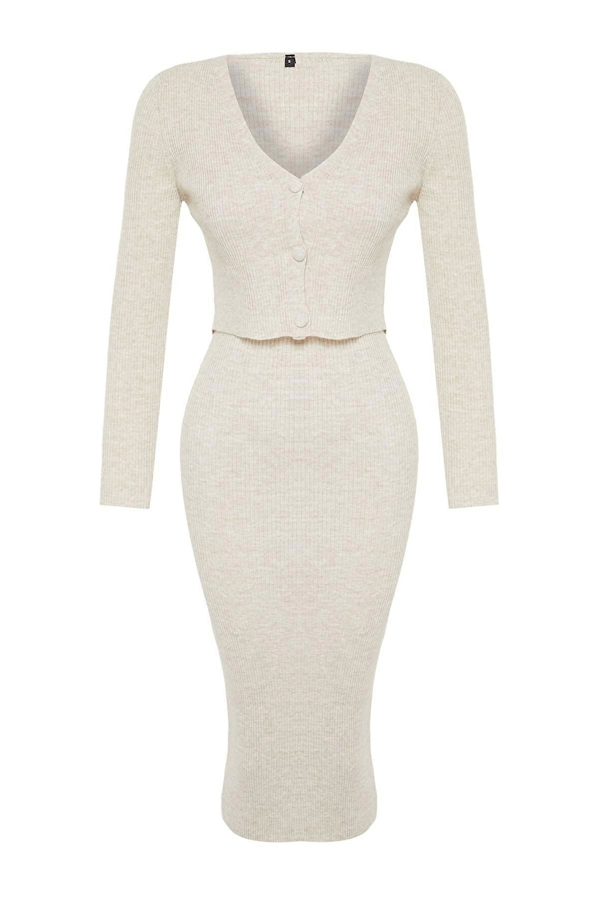 Moda Slim Casual Günlük Fitilli Triko V Yaka Uzun Kol Bodycone Midi Boy Elbise