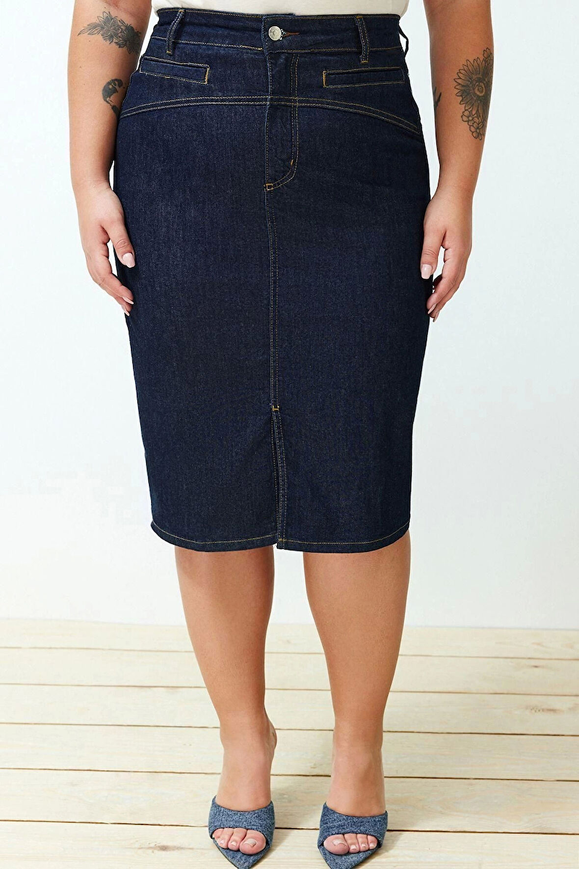 Moda Büyük Beden Kalem Düz Desen Günlük Mini Boy Yırtmaçlı Mini Kalem Denim Etek