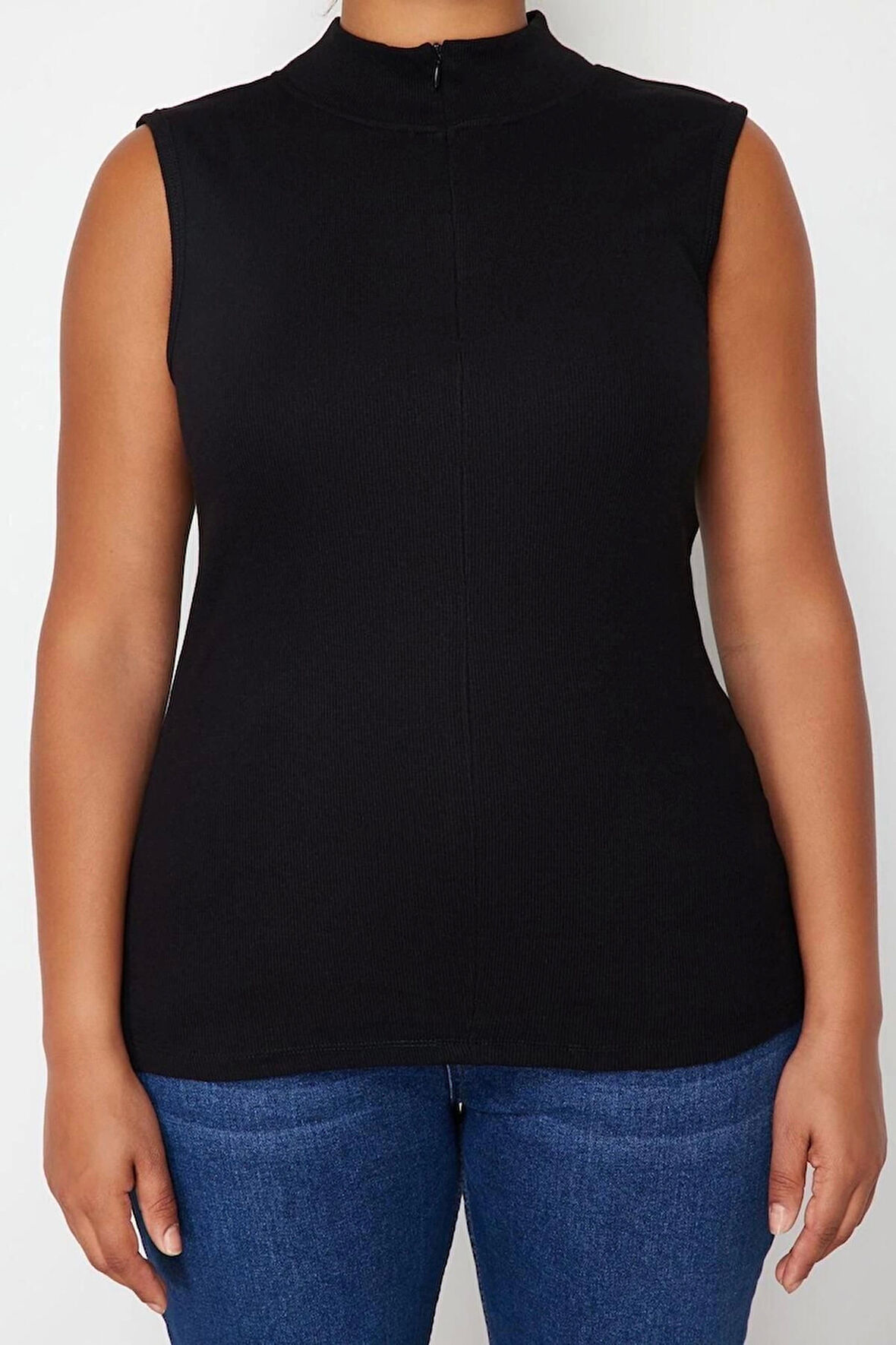 Moda Büyük Beden Dik Yaka Örme Fit Düz Desen Casual Günlük Regular Kolsuz Bluz