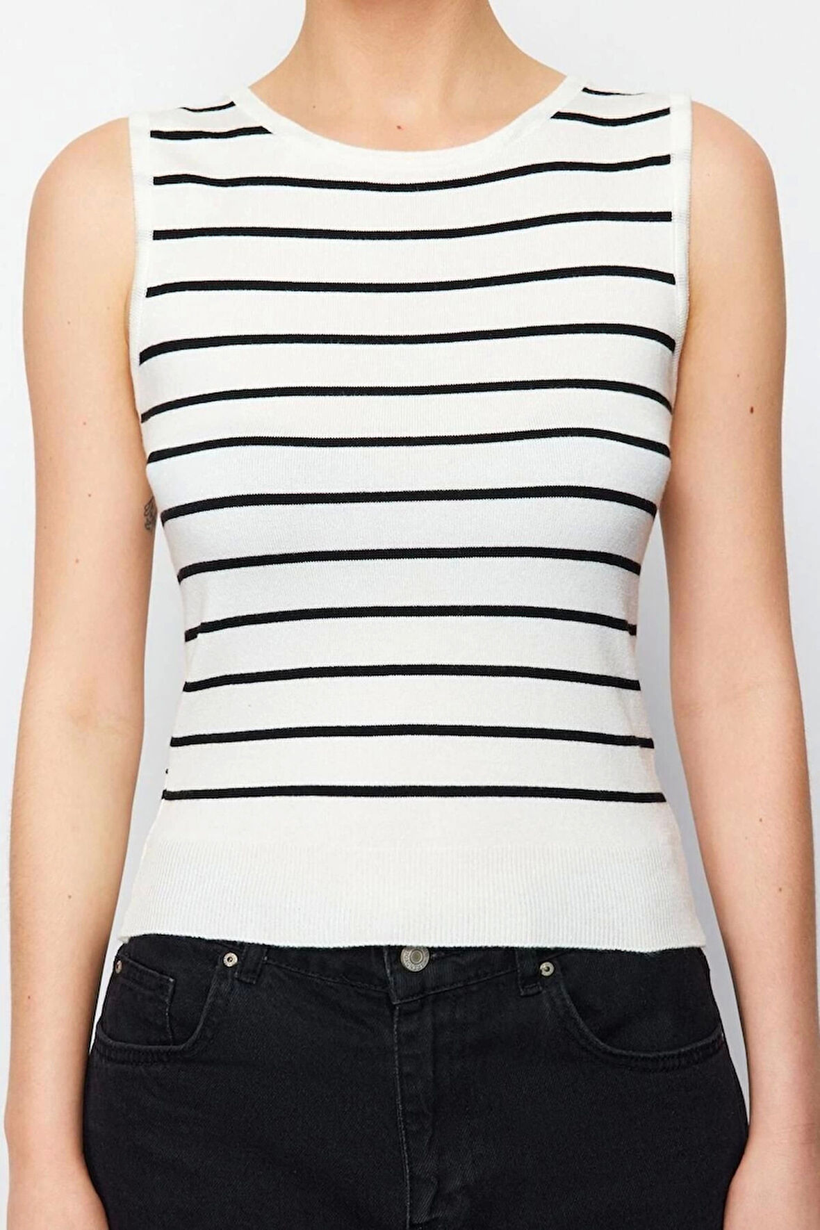 Moda Polo Yaka Triko Fit Çizgili Desen Casual Günlük Regular Kolsuz Bluz