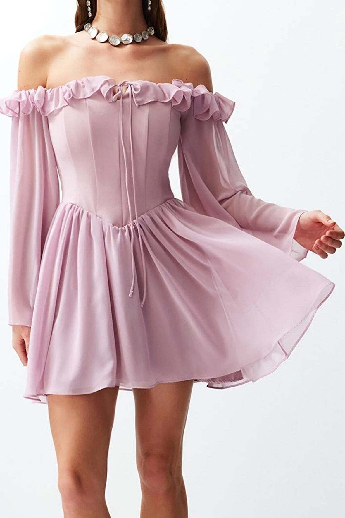 Moda Stil Regular Carmen Yaka Mini Boy A-Kesim Astarlı Volanlı Dokuma Şifon Kısa Şık Abiye Elbise