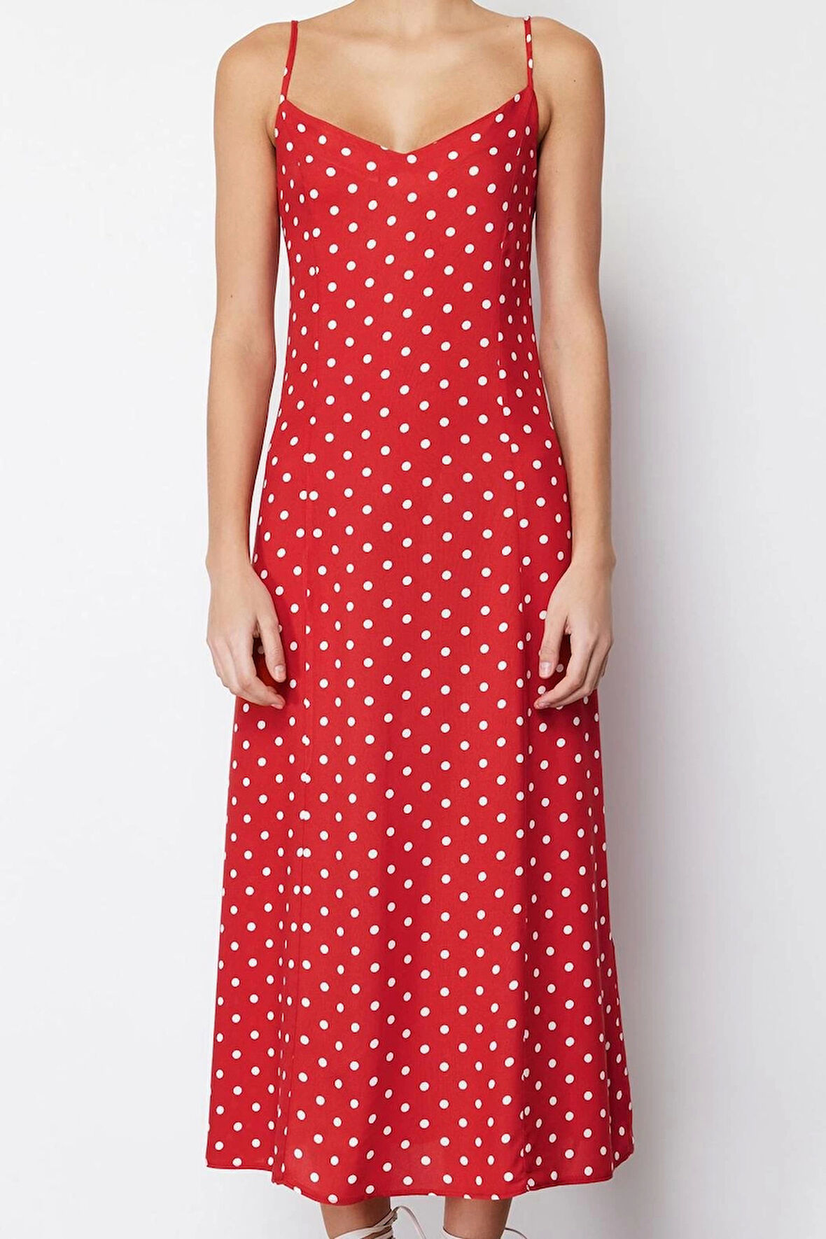 Moda Regular Gündüz Gece Shally Dokuma V Yaka Askılı Kol A-Line Maxi Boy Elbise