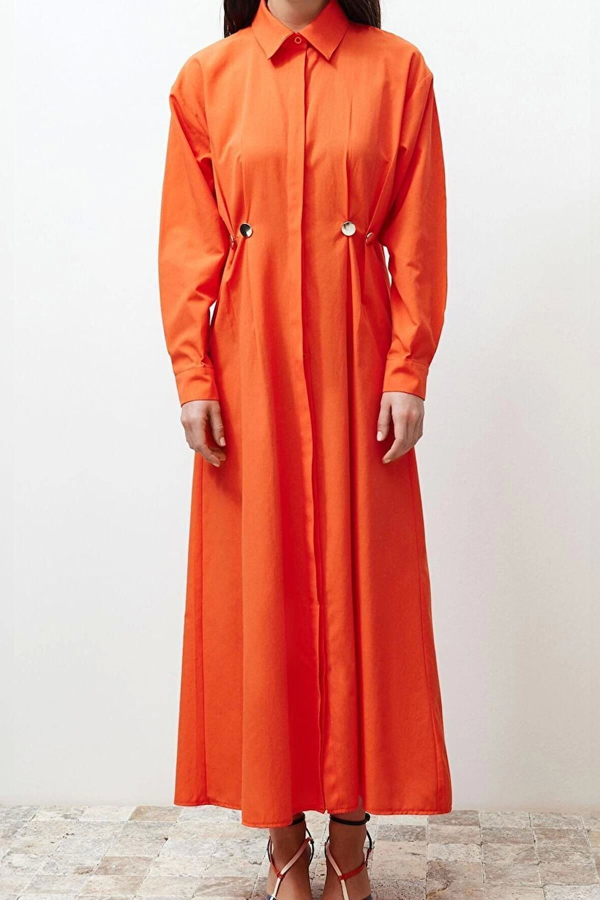 Moda Casual Günlük Terrycotton Dokuma Gömlek Yaka Uzun Kol Gömlek Elbise Maxi Boy Tesettür Elbise