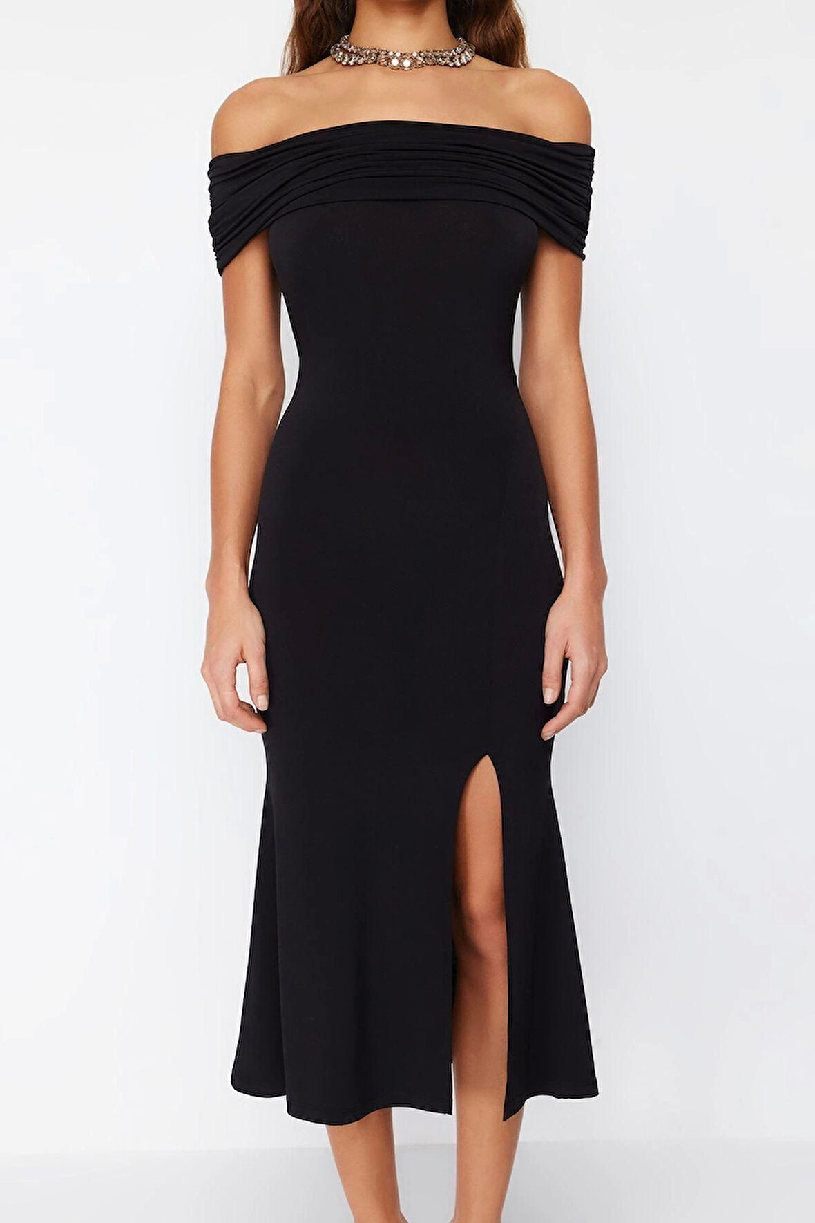 Moda Fit Mezuniyet Balo Sandy Örme Carmen Yaka Kısa Kol Shift Midi Boy Elbise