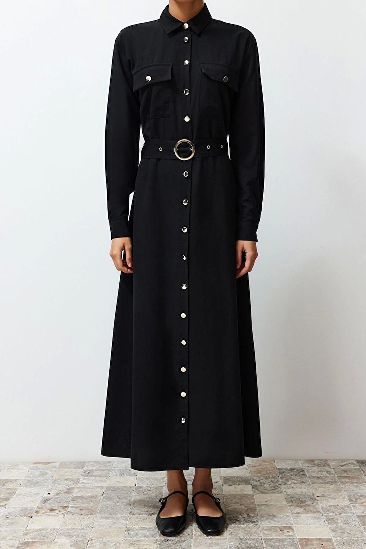 Moda Regular Günlük Terryviskon Dokuma Gömlek Yaka Uzun Kol Gömlek Elbise Maxi Boy Tesettür Elbise