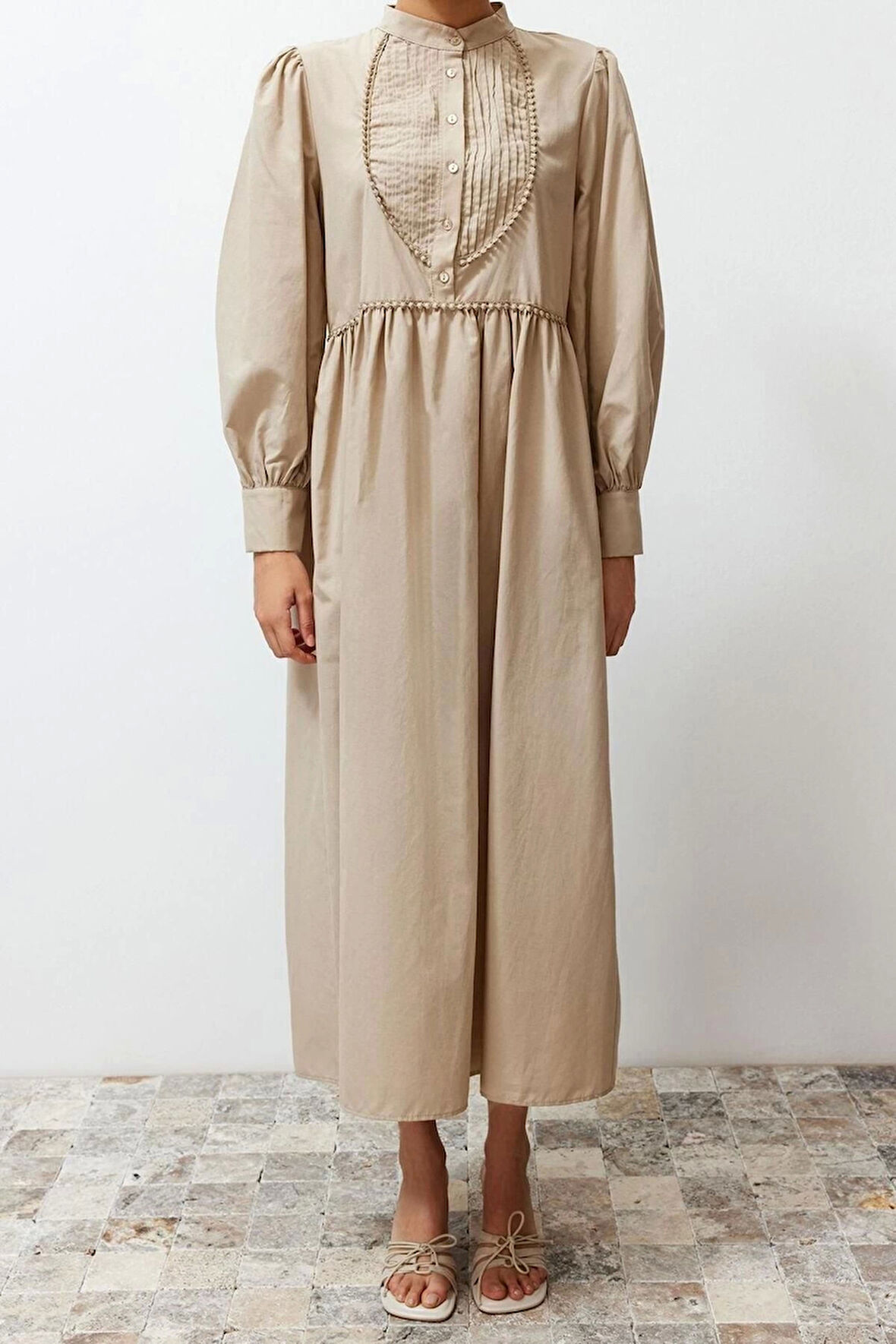 Moda Regular Casual Günlük Terrycotton Dokuma Dik Yaka Uzun Kol A-Line Maxi Boy Tesettür Elbise