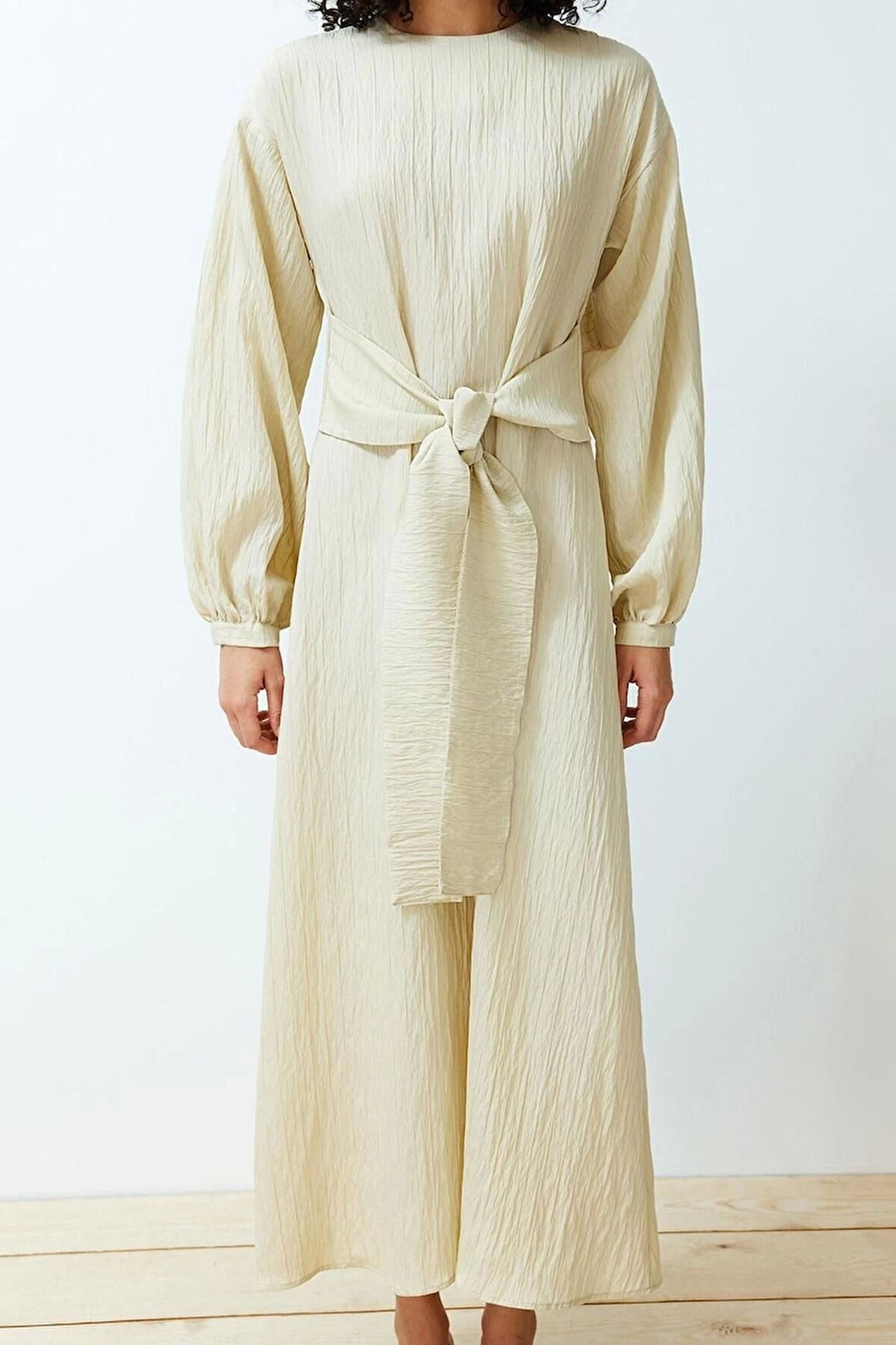 Moda Regular Casual Günlük Crinkle Dokuma Bisiklet Yaka Uzun Kol Shift Maxi Boy Tesettür Elbise