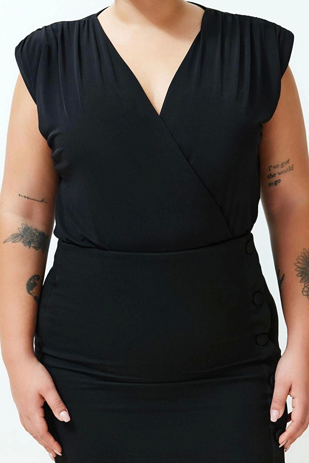 Moda Büyük Beden Kruvaze Örme Fit Düz Desen Casual Günlük Regular Kolsuz Bluz