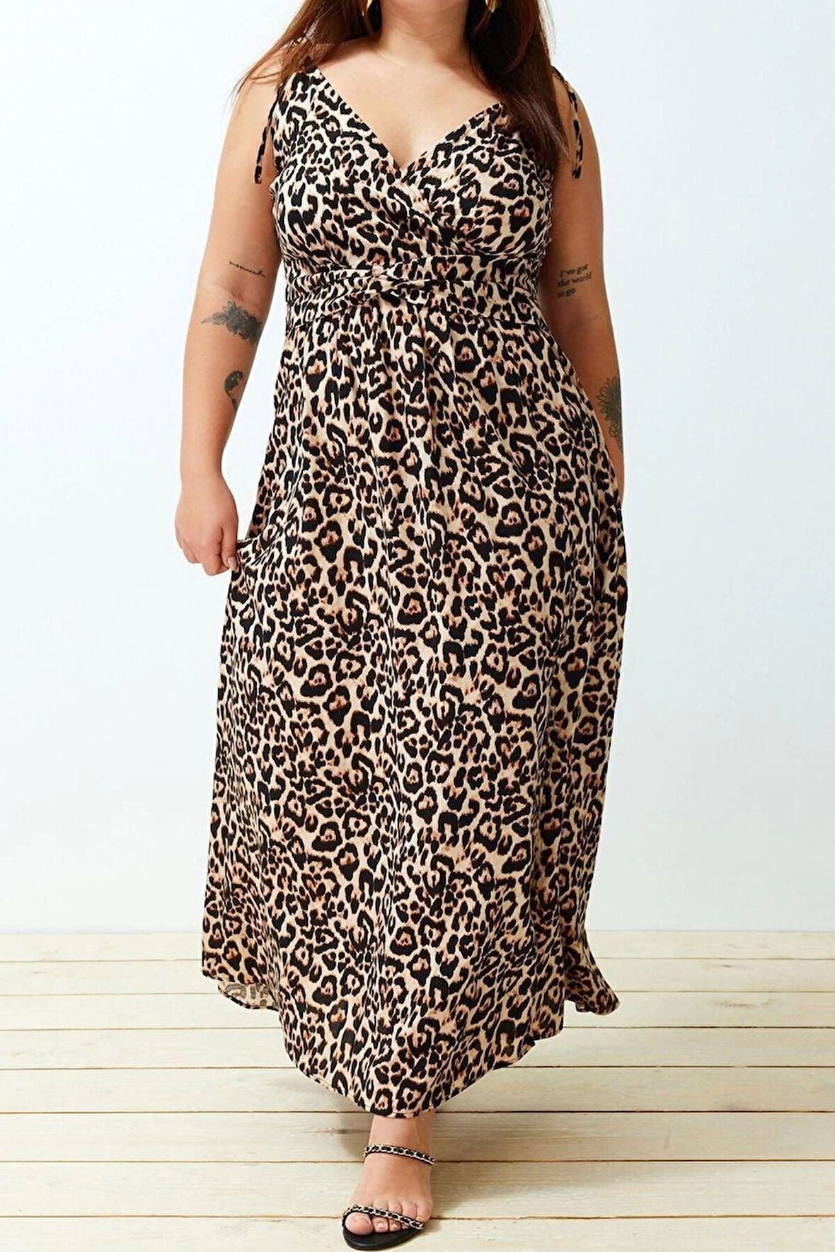 Moda Fit Casual Günlük Shally Dokuma Kruvaze Askılı Kol A-Line Maxi Boy Büyük Beden Elbise