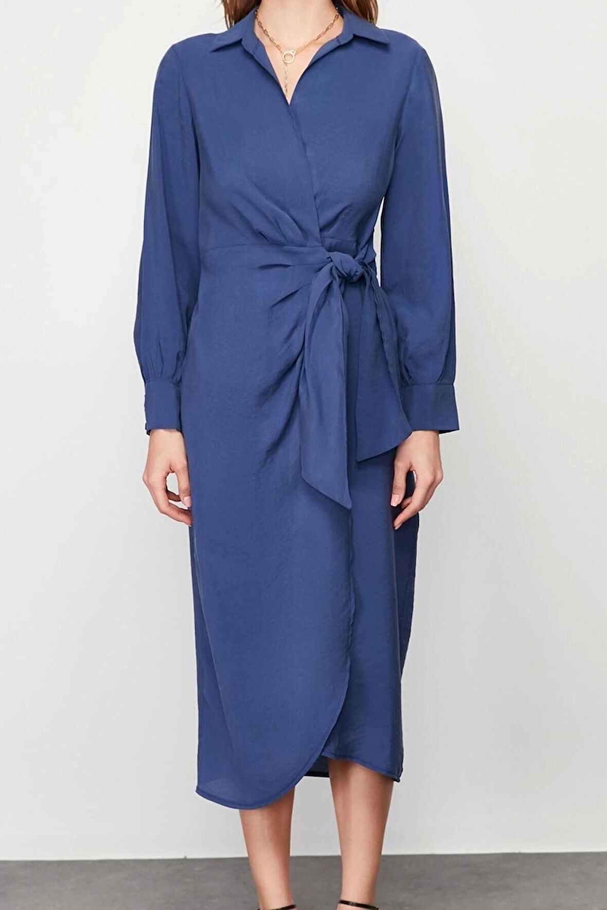 Moda Kruvaze Casual Günlük Modal Kumaş Dokuma Kruvaze Uzun Kol Kruvaze Midi Boy Elbise