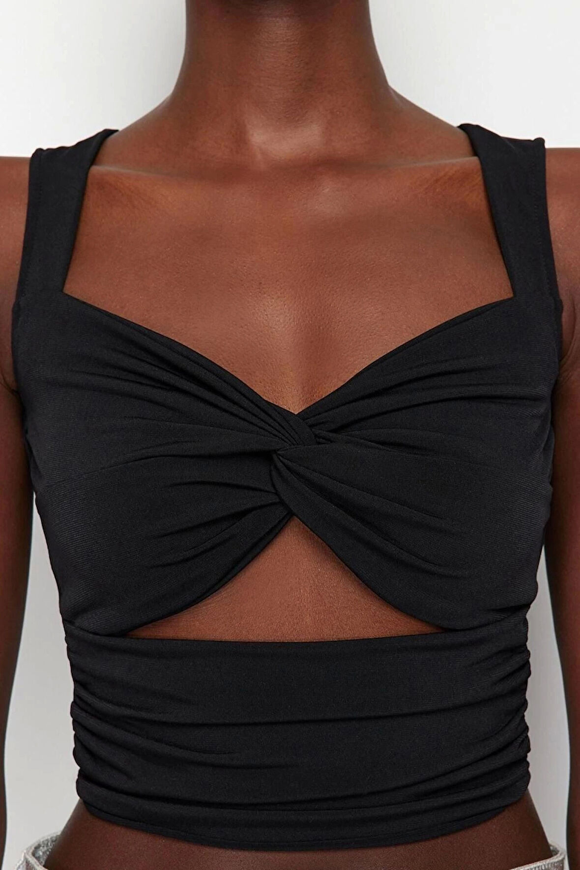 Moda Kalp Yaka Örme Fit Düz Desen Şık gece Crop Askılı Kol Bluz