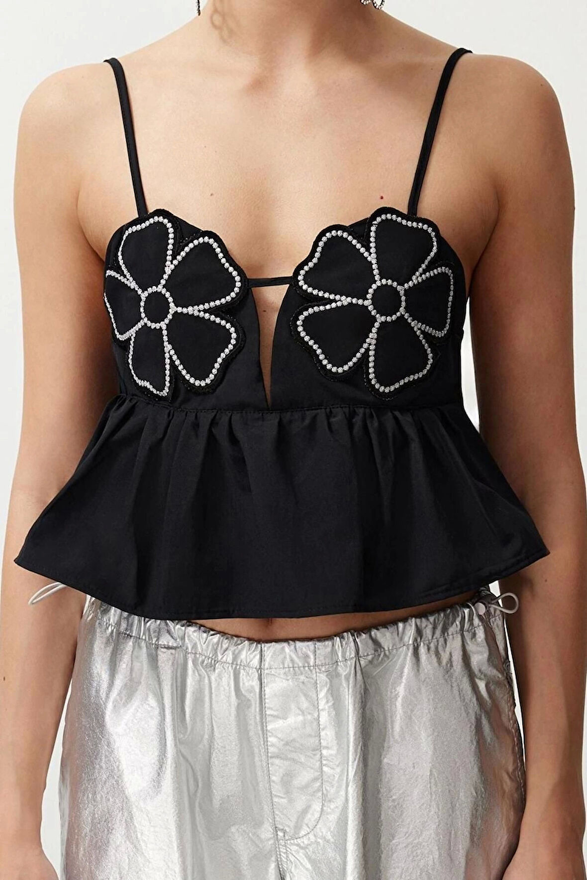 Moda Kalp Yaka Dokuma Crop Düz Desen Şık gece Crop Askılı Kol Bluz