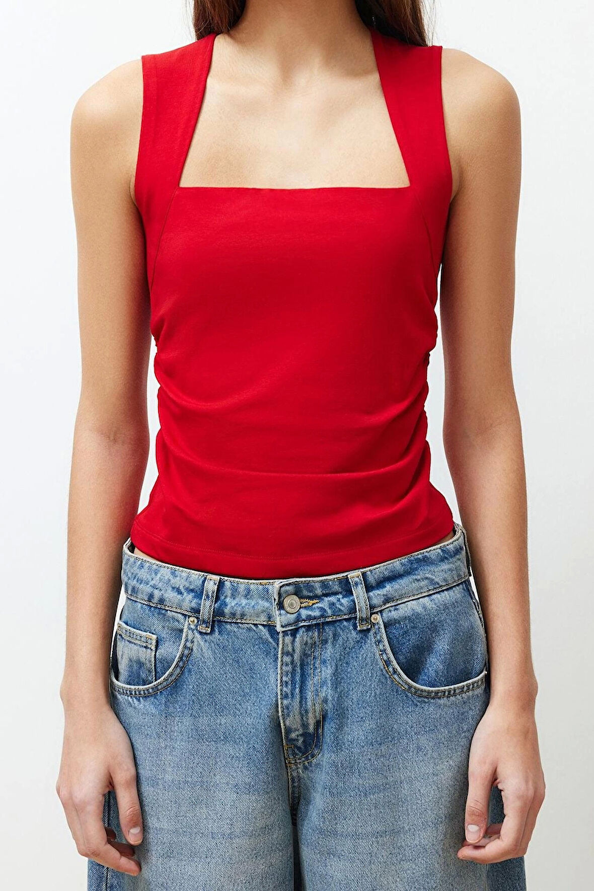 Moda Kare Yaka Örme Slim Düz Desen Casual Günlük Regular Askılı Kol Bluz