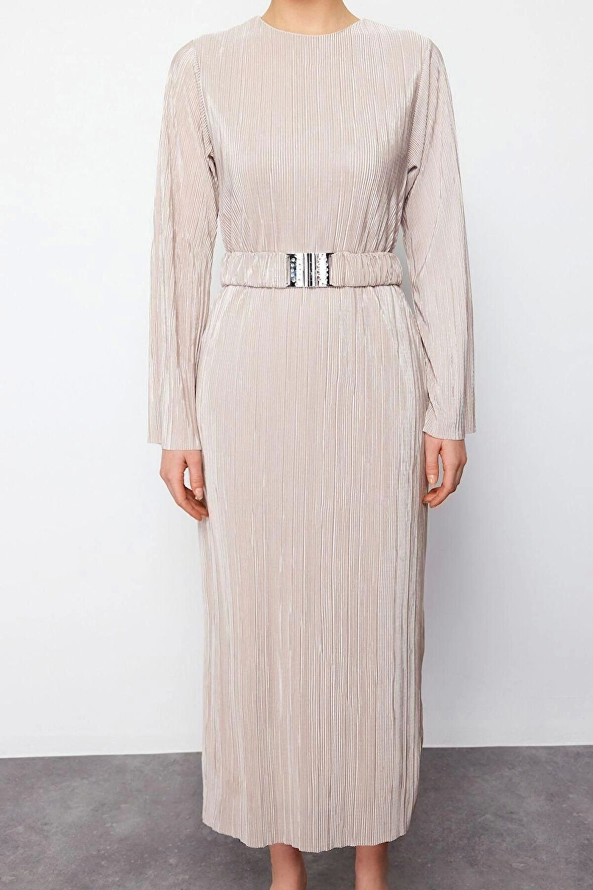 Moda Regular Casual Günlük 2 İplik Örme Bisiklet Yaka Uzun Kol Basic Maxi Boy Tesettür Elbise