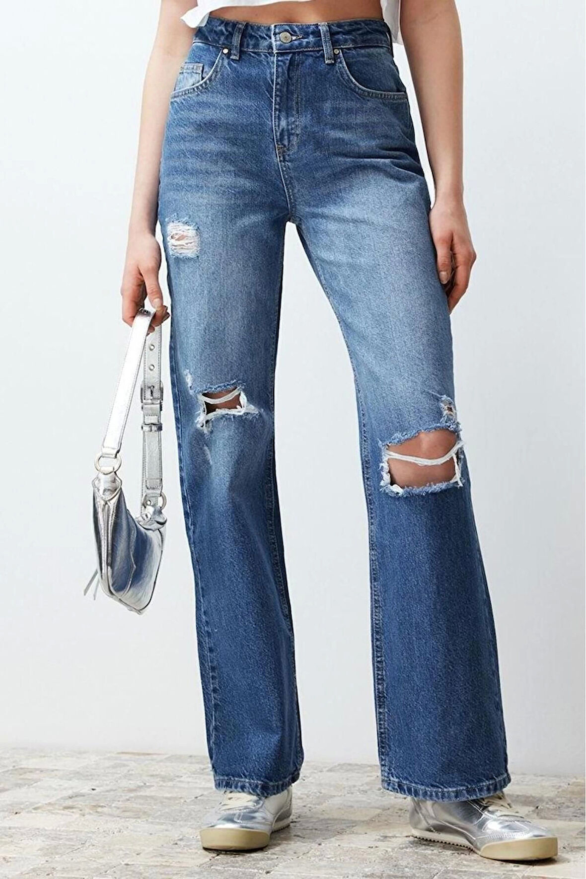 Stil Kadın Moda Denim Kot Pantolon Regular Geniş Paça Mavi Yırtıklı Yüksek Bel Jeans