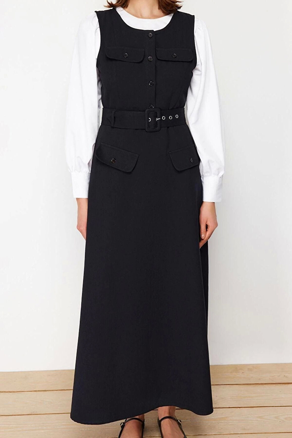 Moda Regular Casual Günlük Gabardin Dokuma U Yaka Kolsuz Kol Jile Maxi Boy Tesettür Elbise