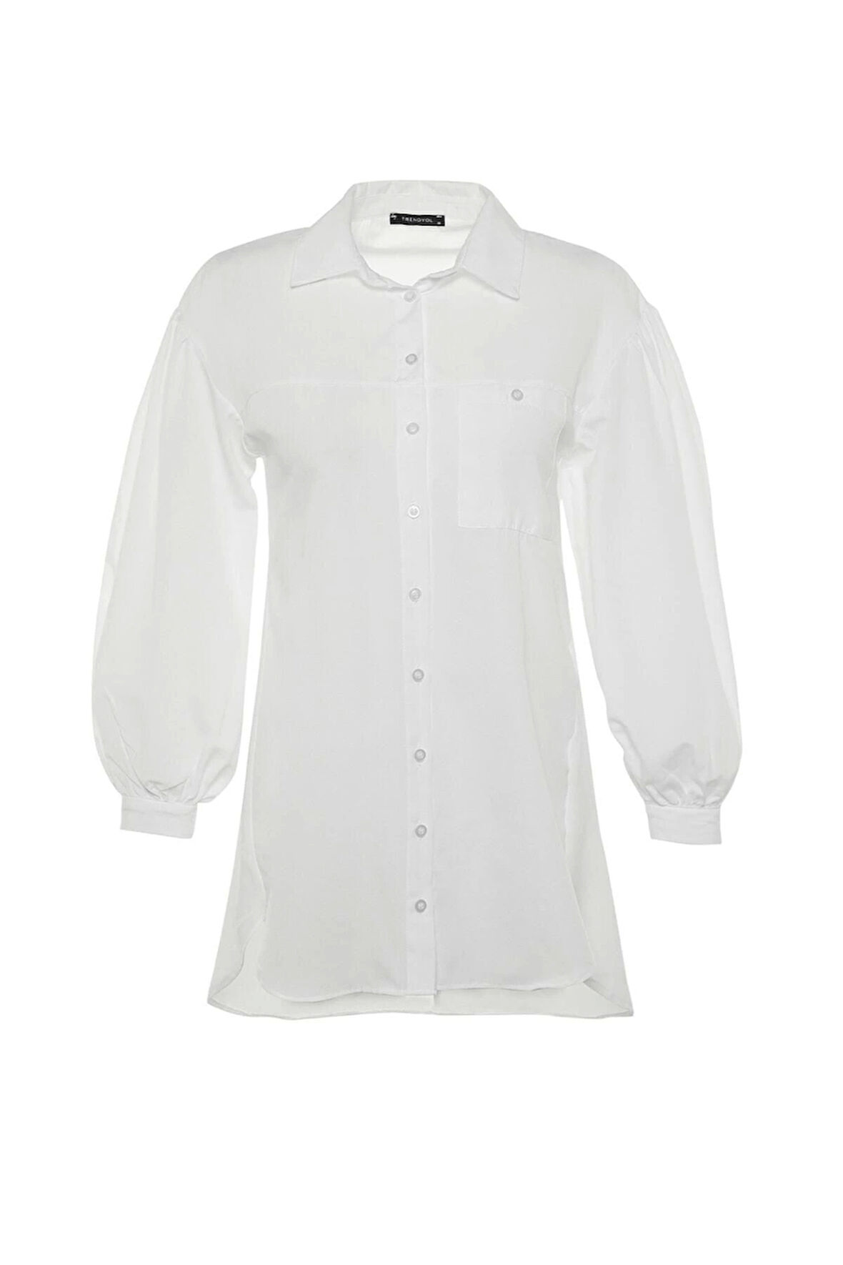 Moda Kadın Tesettür Gömlek Yaka Günlük Balon Kol Arkası Uzun Cep Detaylı Basic Dokuma Gömlek