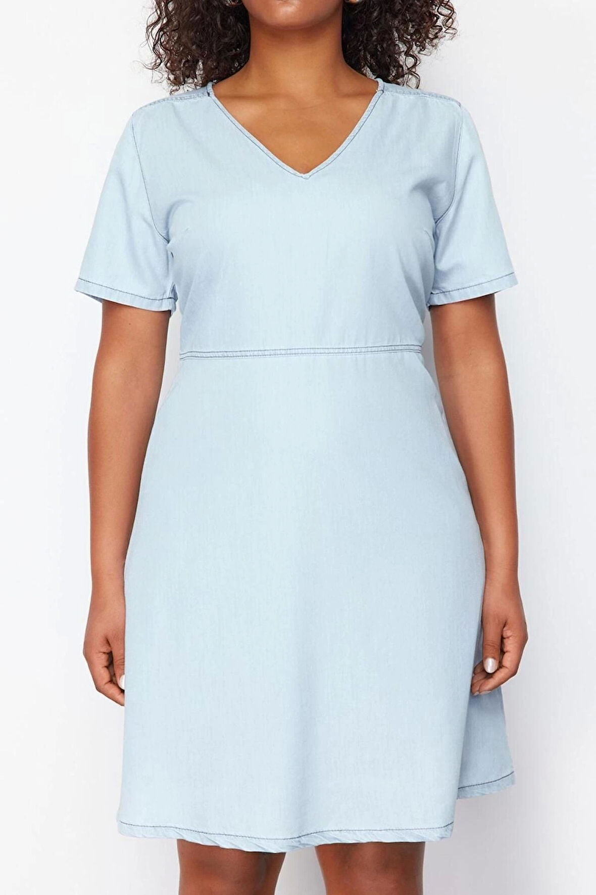 Moda Rahat Casual Günlük Rigid Denim V Yaka Kısa Kol A-Line Mini Boy Büyük Beden Elbise