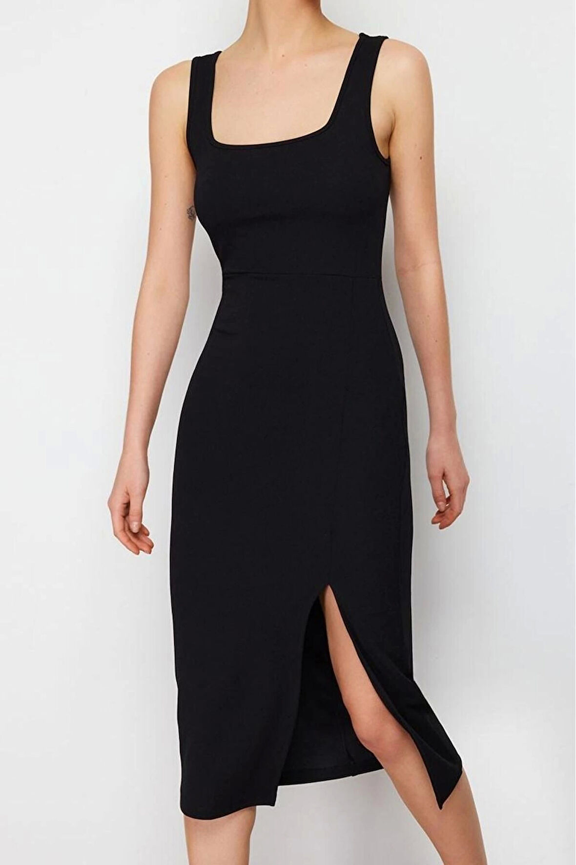 Moda Stil Slim Kare Yaka Midi Boy itted Vücuda Oturan Yırtmaçlı Esnek Örme Kalem Elbise