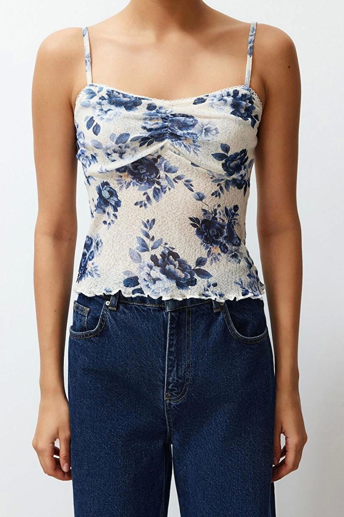 Moda V Yaka Örme Slim Baskılı Desen Casual Günlük Crop Askılı Kol Bluz