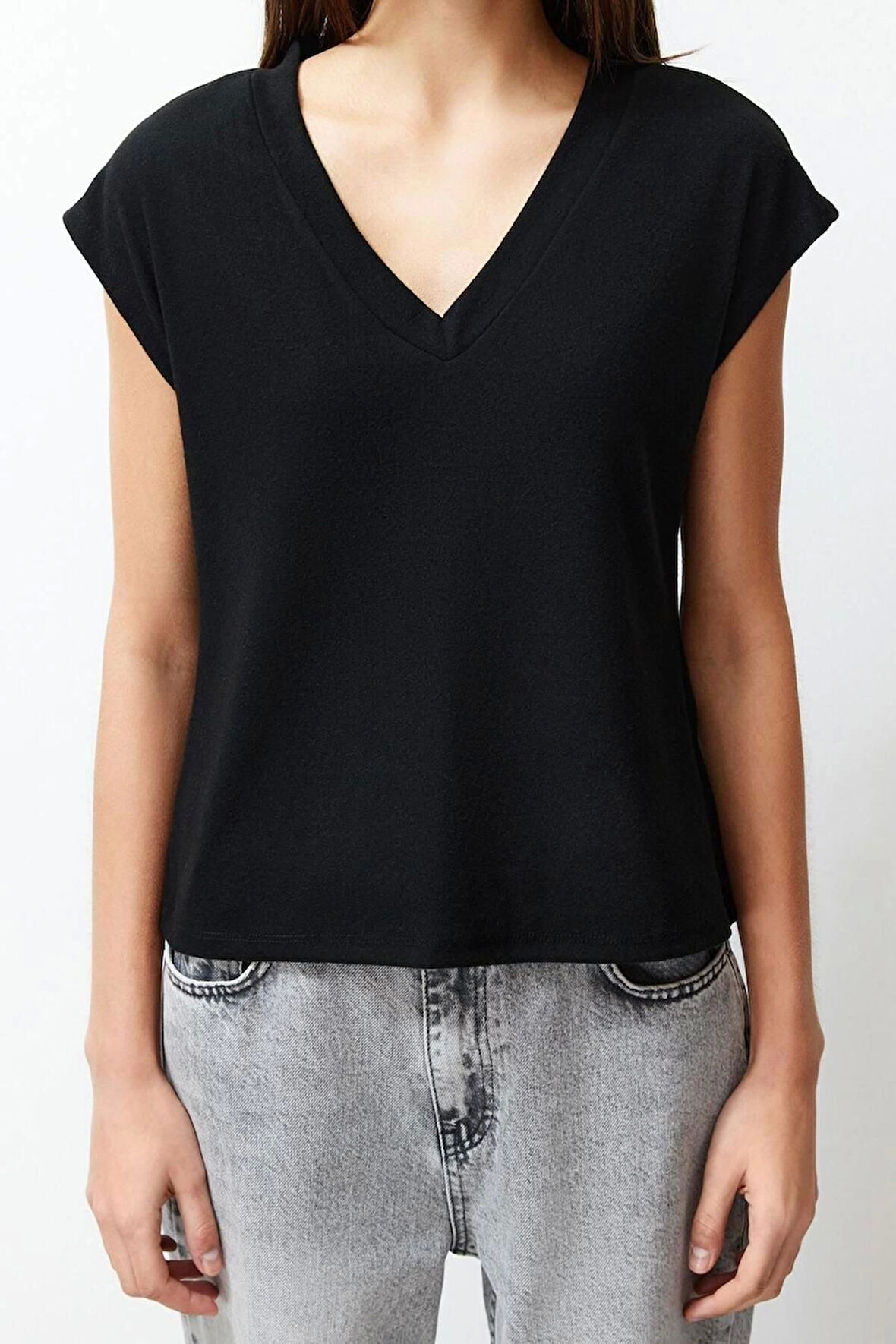 Moda V Yaka Örme Slim Fit Düz Desen Casual Günlük Regular Kısa Kol Bluz