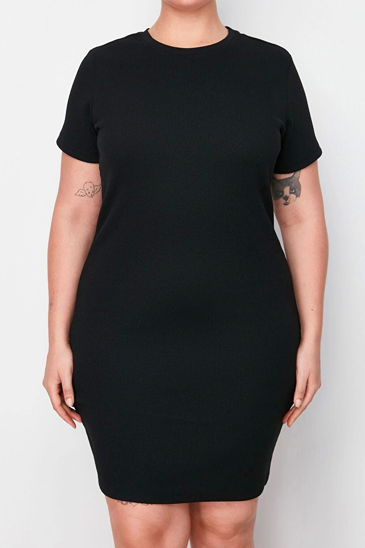 Moda Fit Casual Günlük Kaşkorse Örme Bisiklet Yaka Kısa Kol Bodycone Mini Boy Büyük Beden Elbise