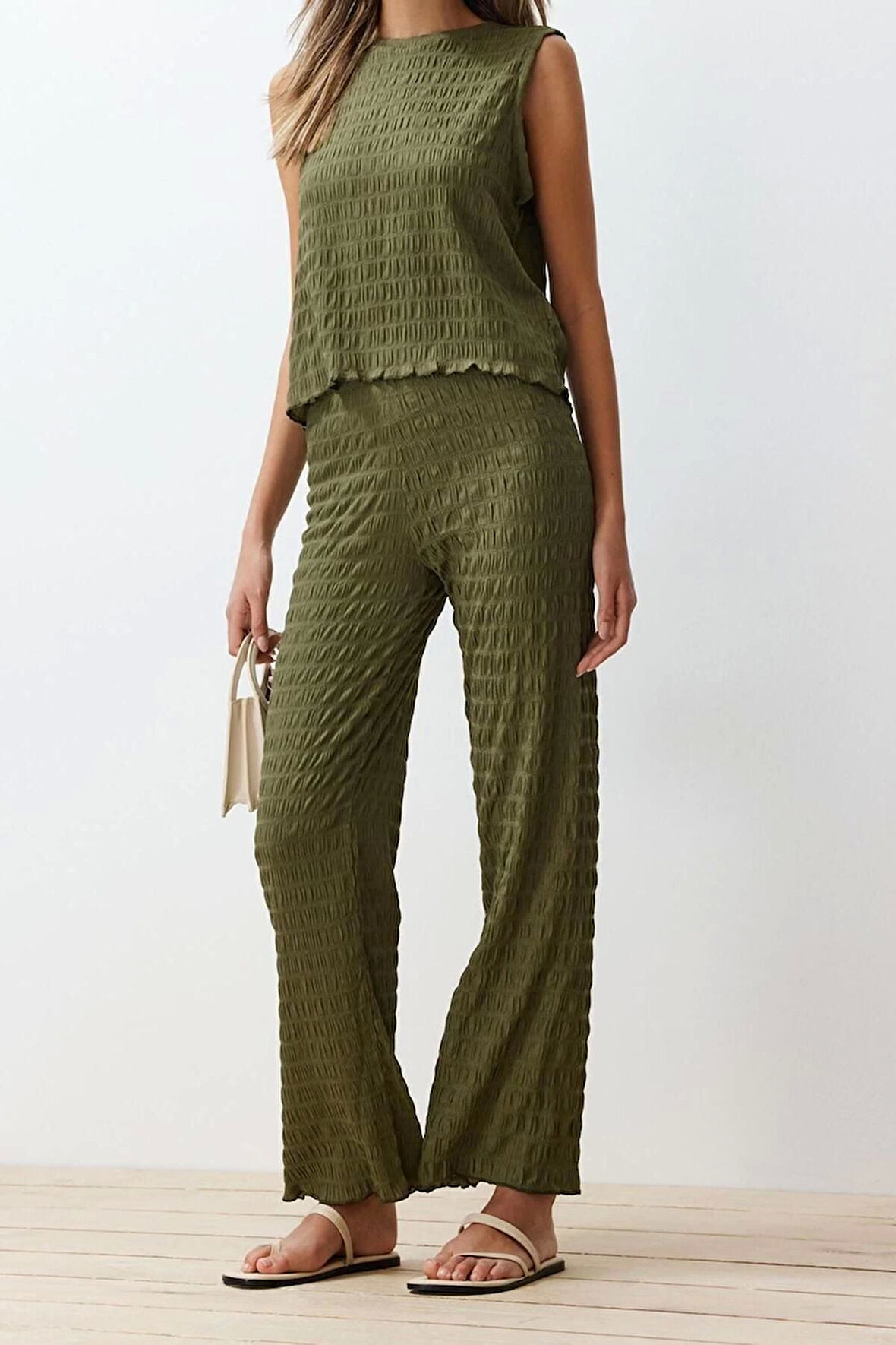 Moda Bisiklet Yaka Casual Günlük Dokulu Regular Normal Kalıp Sıfır Kol Esnek Örme Alt-Üst Takım