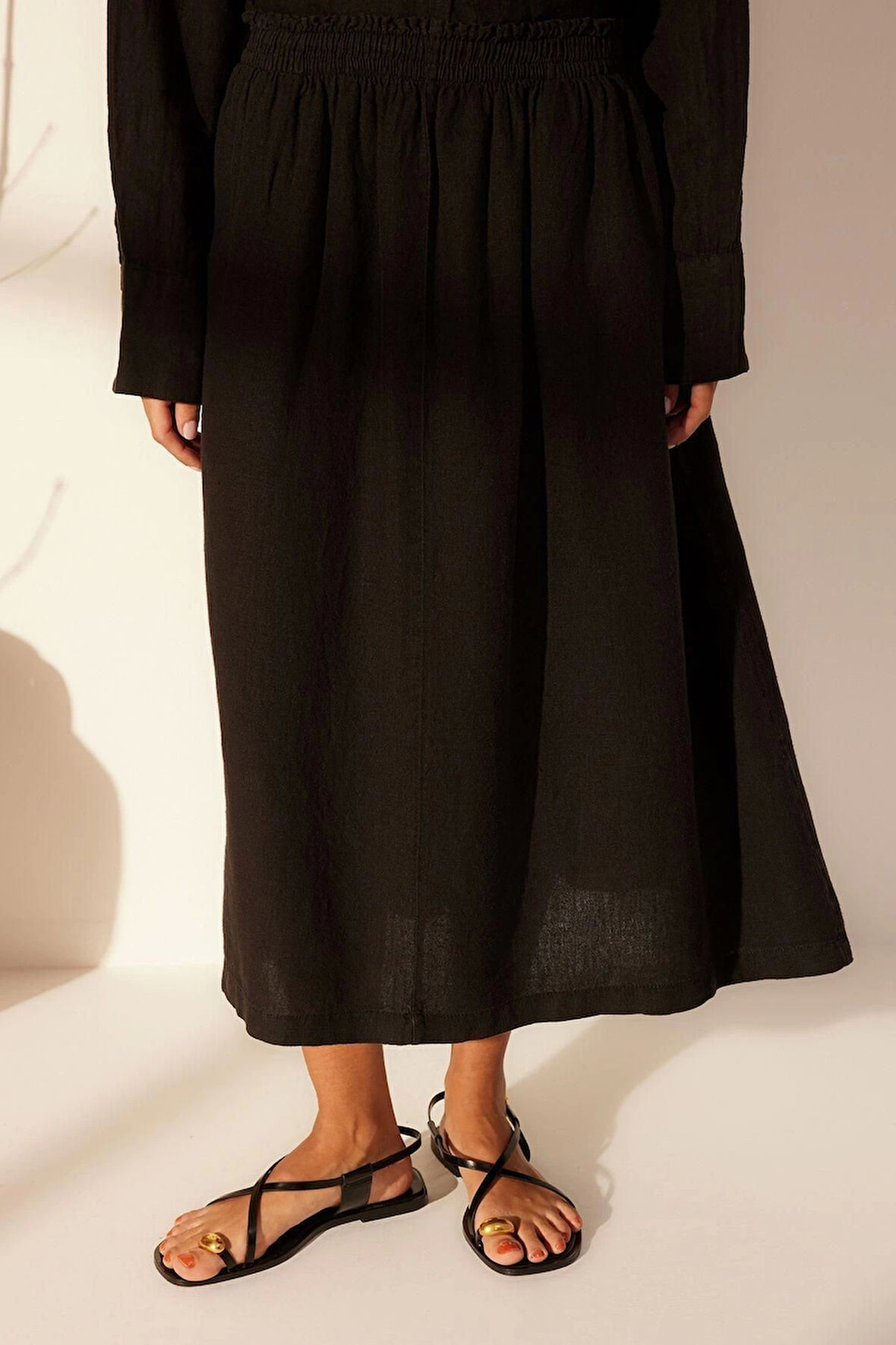 Moda Denim Düz Desen Günlük Midi Boy %100 Keten Beli Lastikli Midi Etek