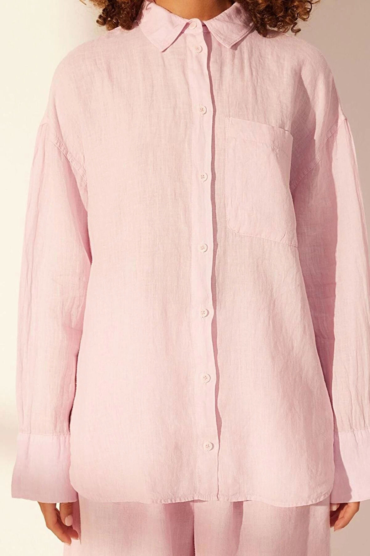 Moda Kadın Gömlek Yaka Düz Desen Günlük %100 Keten Oversize Gömlek